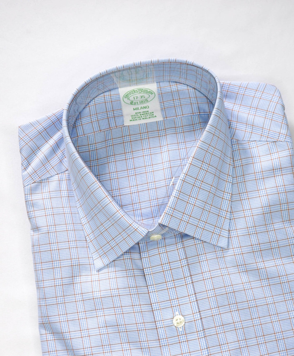 $128 BROOKS BROTHERS - Blue Plaid NON-IRON MILANO Shirt - 17 - 35