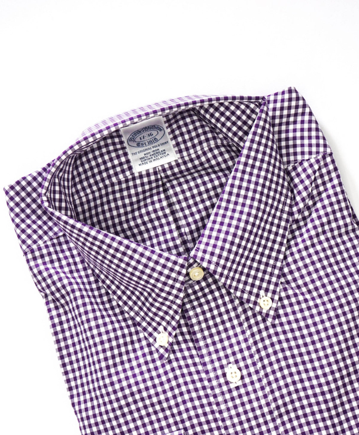 $128 BROOKS BROTHERS - Purple Gingham NON-IRON Shirt - 17 - 36