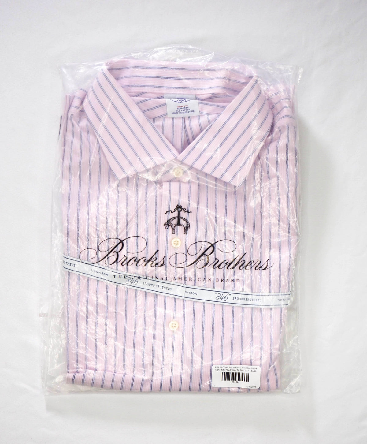 $128 BROOKS BROTHERS - Pink/Blue Stripe NON-IRON "346" Slim Fit Shirt - 17 - 34/35