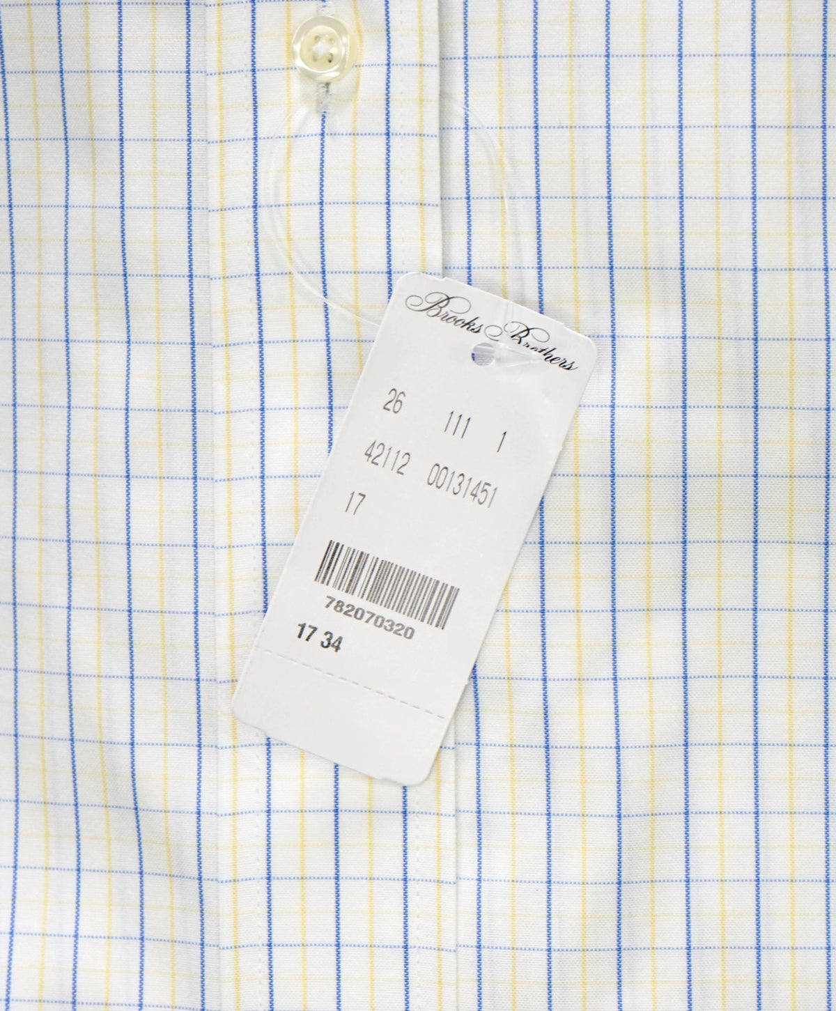 $128 BROOKS BROTHERS - Blue/Yellow Plaid NON-IRON REGENT Shirt - 17 - 34