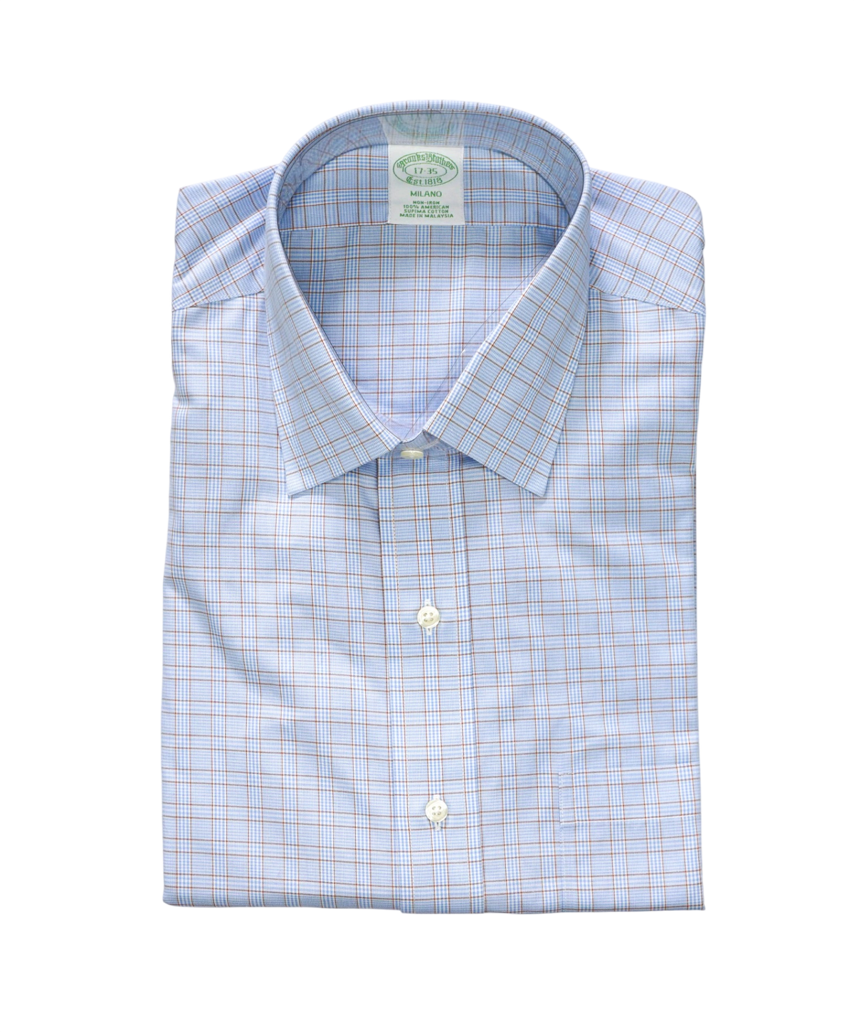 $128 BROOKS BROTHERS - Blue Plaid NON-IRON MILANO Shirt - 17 - 35
