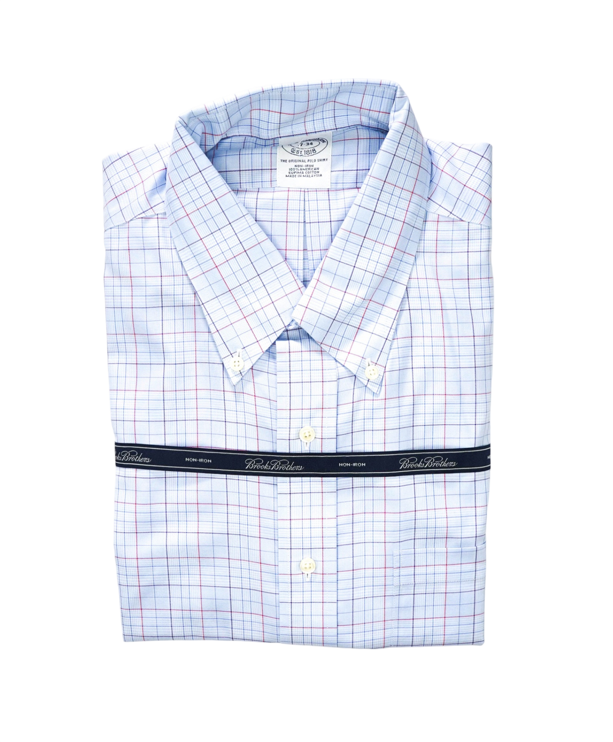 $128 BROOKS BROTHERS - Blue Plaid NON-IRON Shirt - 17 - 34
