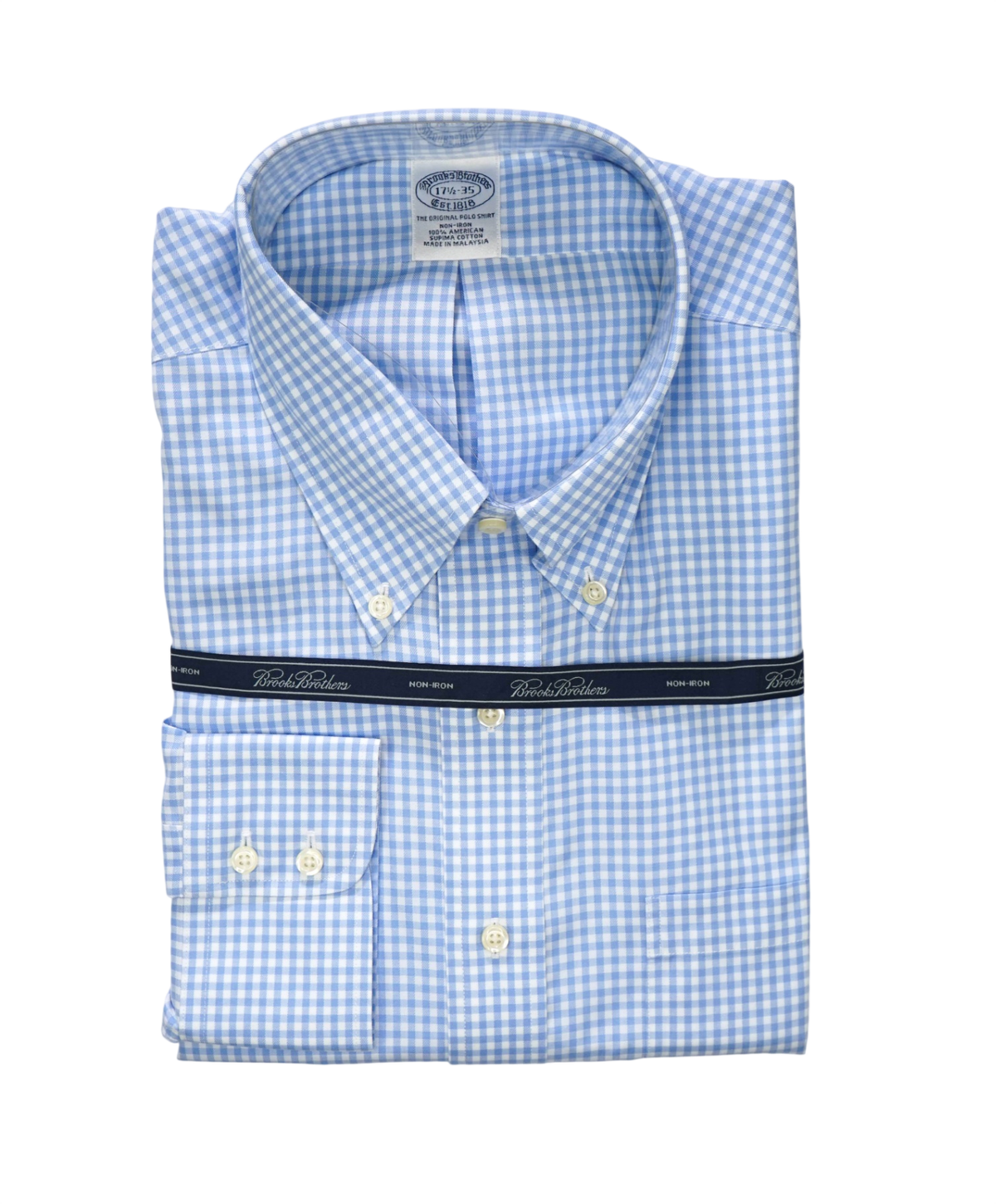 $128 BROOKS BROTHERS - Blue Gingham NON-IRON Shirt - 17.5 - 35