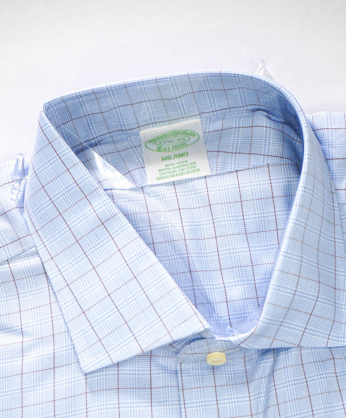 $128 BROOKS BROTHERS - Blue Plaid NON-IRON MILANO Shirt - 17.5 - 35