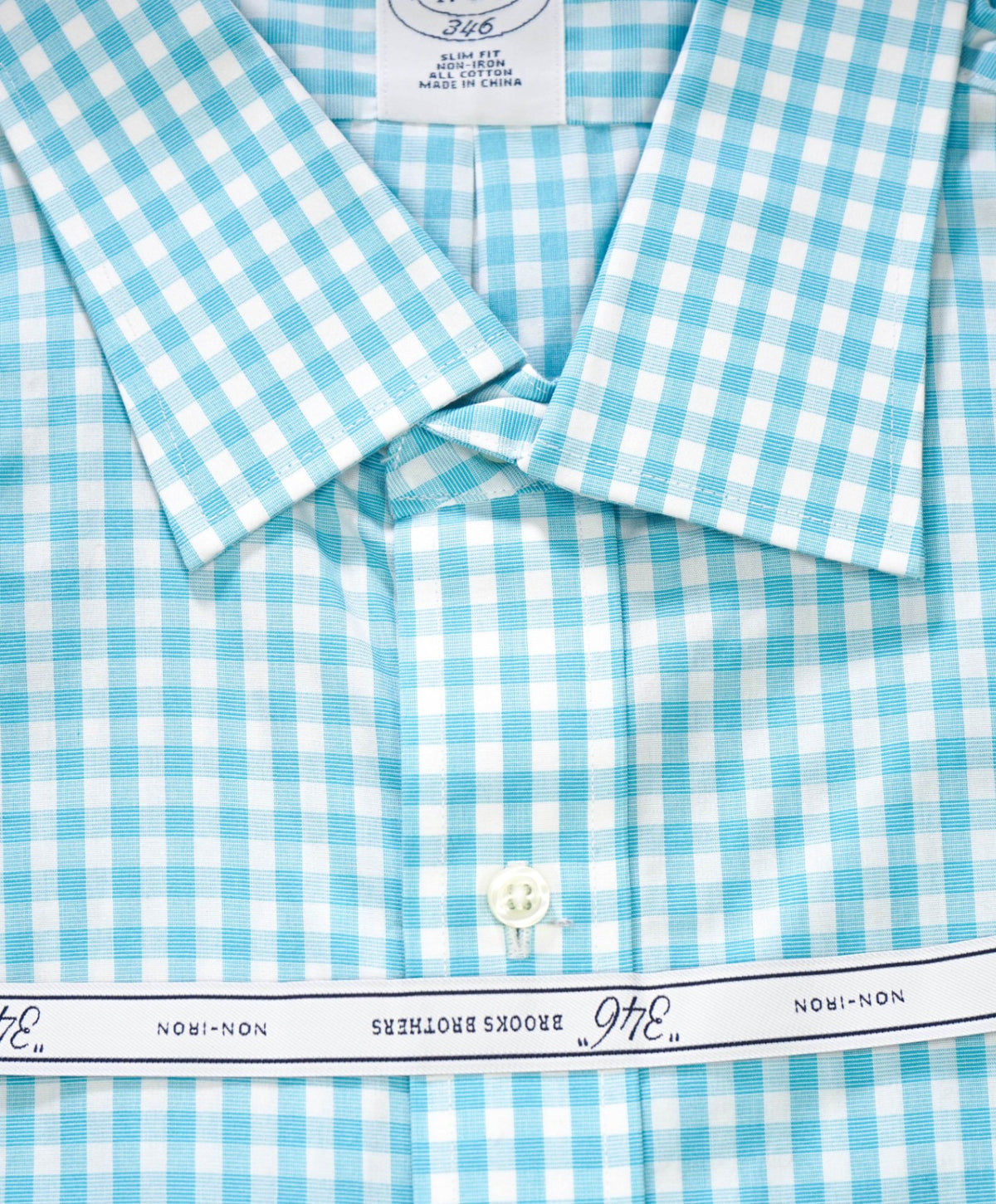 $128 BROOKS BROTHERS - Turquoise Gingham NON-IRON "346" SLIM FIT Shirt - 17 - 36/37