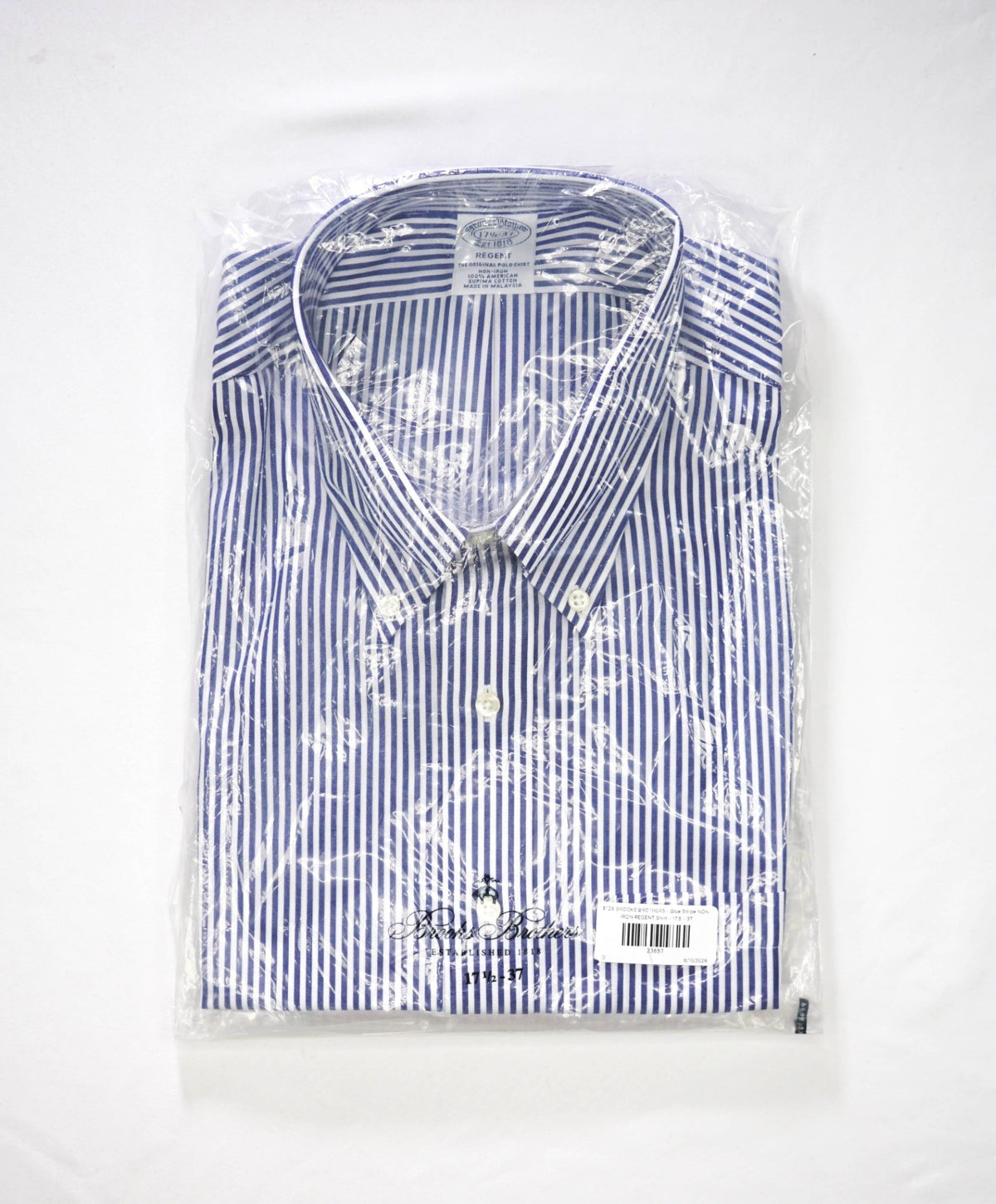 $128 BROOKS BROTHERS - Blue Stripe NON-IRON REGENT Shirt - 17.5 - 37