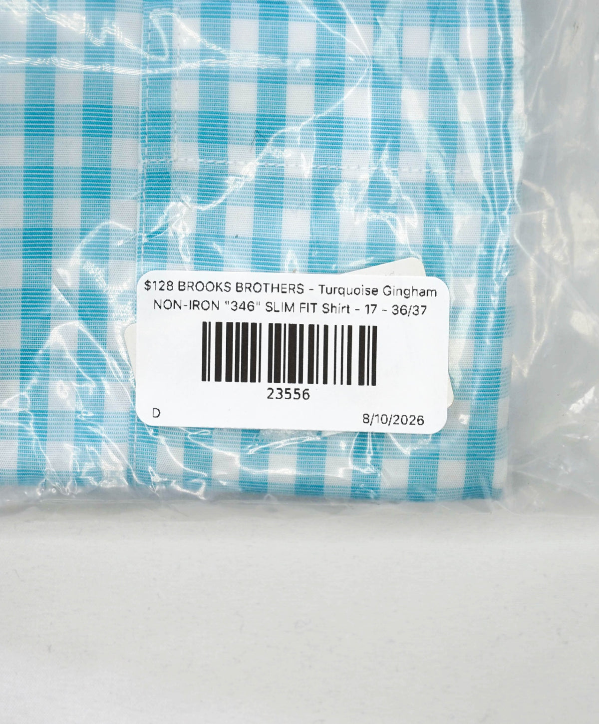 $128 BROOKS BROTHERS - Turquoise Gingham NON-IRON "346" SLIM FIT Shirt - 17 - 36/37