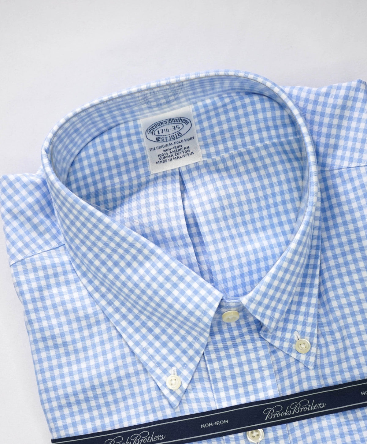 $128 BROOKS BROTHERS - Blue Gingham NON-IRON Shirt - 17.5 - 35