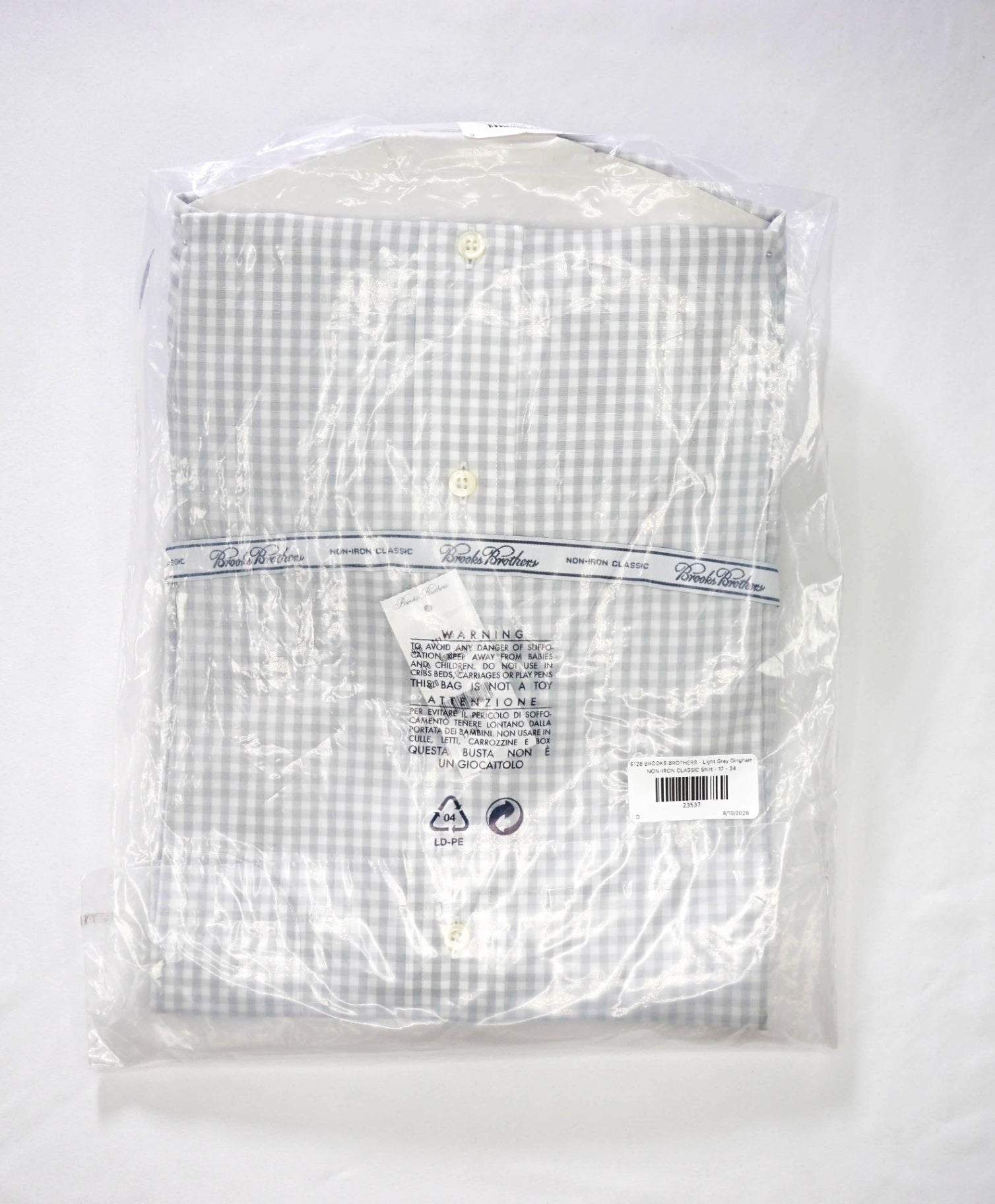 $128 BROOKS BROTHERS - Light Gray Gingham NON-IRON CLASSIC Shirt - 17 - 34