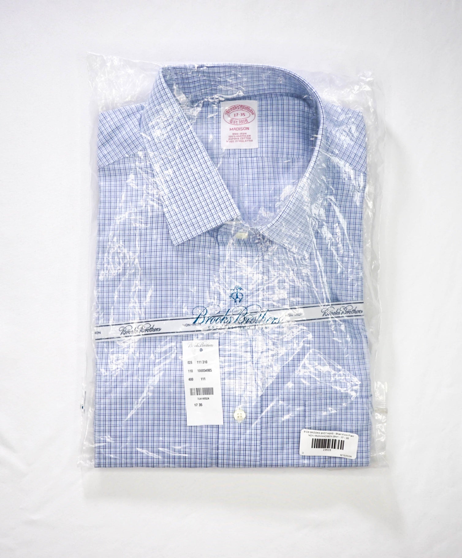 $128 BROOKS BROTHERS - Blue Micro Plaid NON-IRON MADISON Shirt - 17 - 35