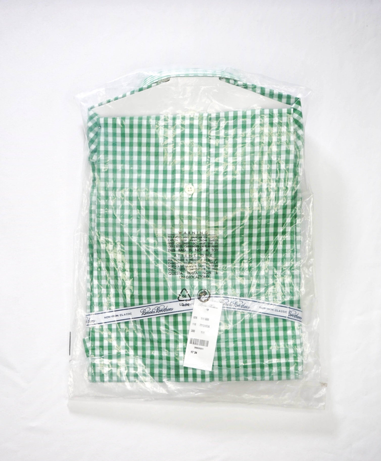 $128 BROOKS BROTHERS - Green Gingham NON-IRON CLASSIC Shirt - 17 - 34