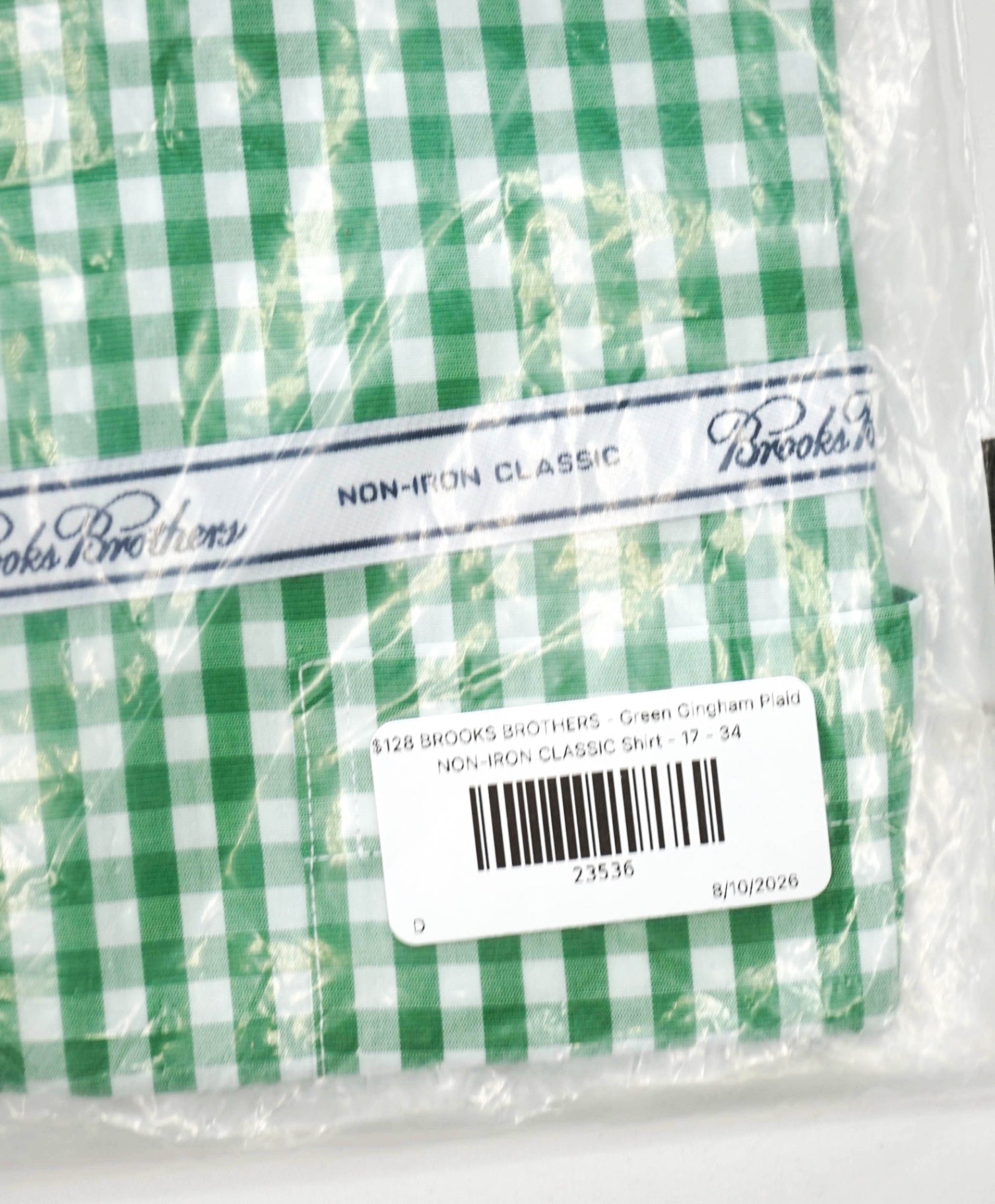 $128 BROOKS BROTHERS - Green Gingham NON-IRON CLASSIC Shirt - 17 - 34