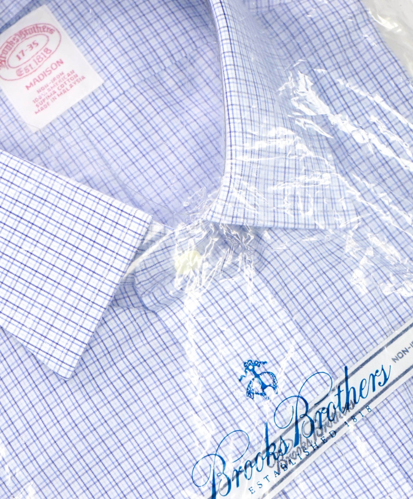 $128 BROOKS BROTHERS - Blue Micro Plaid NON-IRON MADISON Shirt - 17 - 35