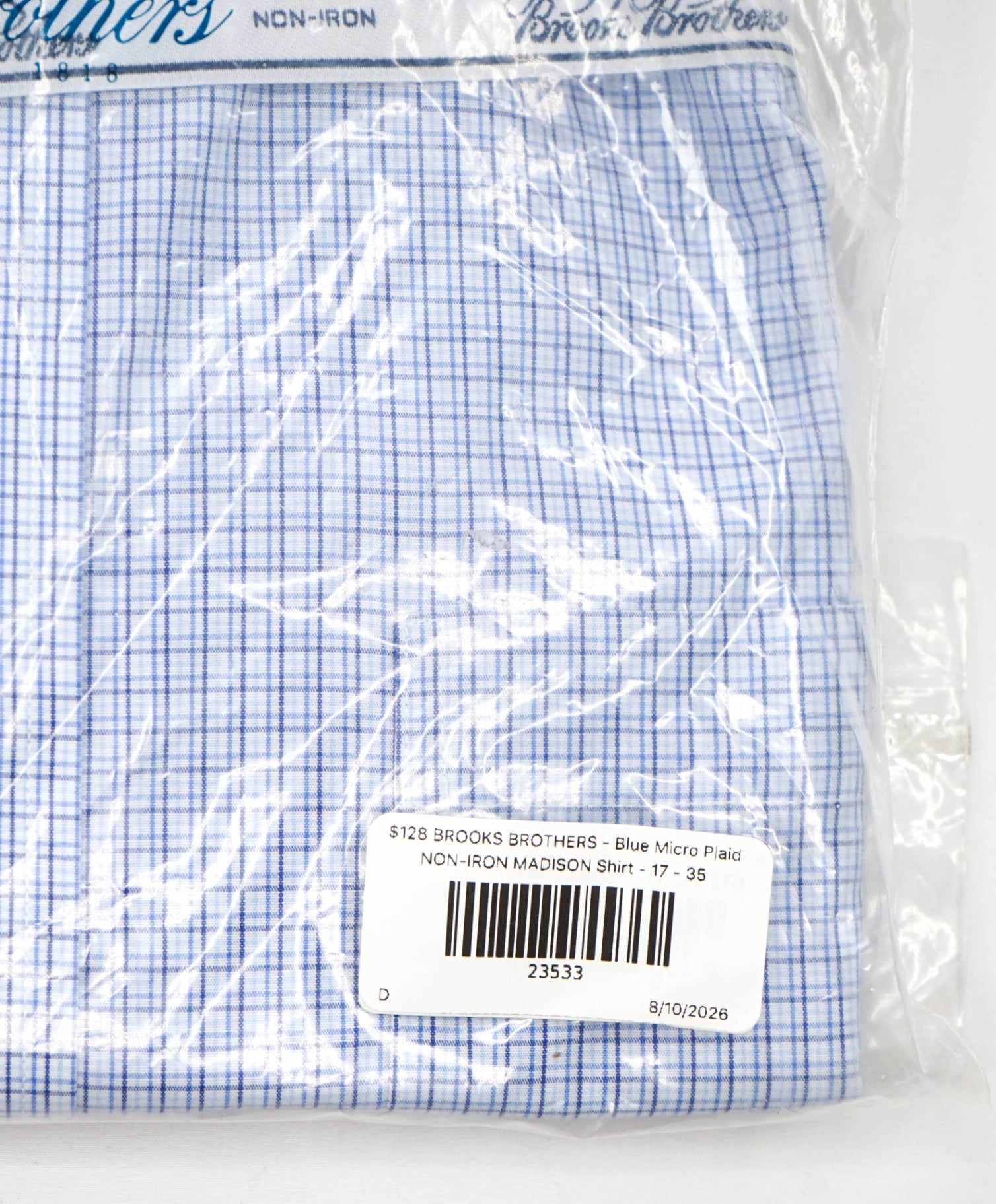 $128 BROOKS BROTHERS - Blue Micro Plaid NON-IRON MADISON Shirt - 17 - 35