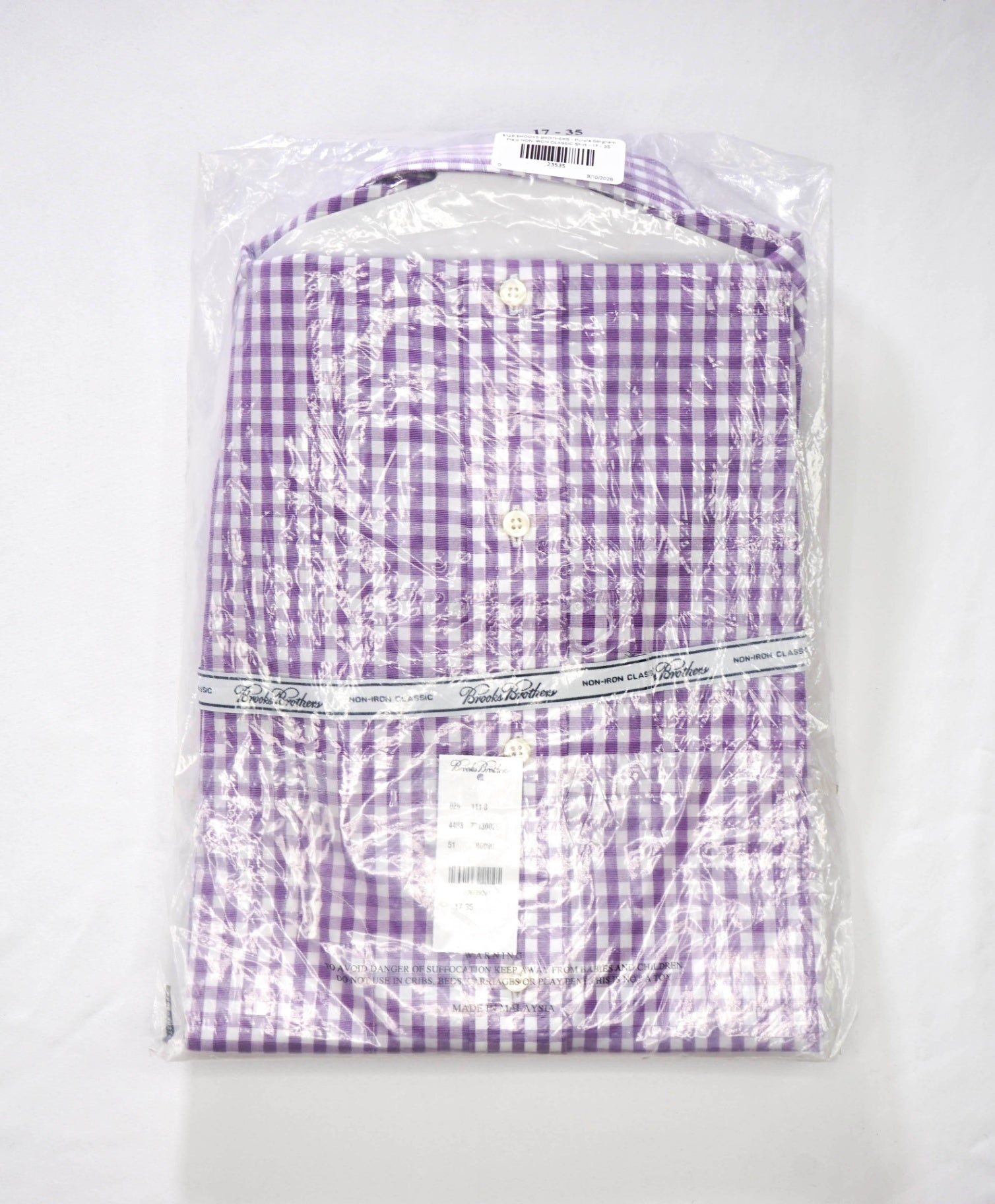 $128 BROOKS BROTHERS - Purple Gingham NON-IRON CLASSIC Shirt - 17 - 35