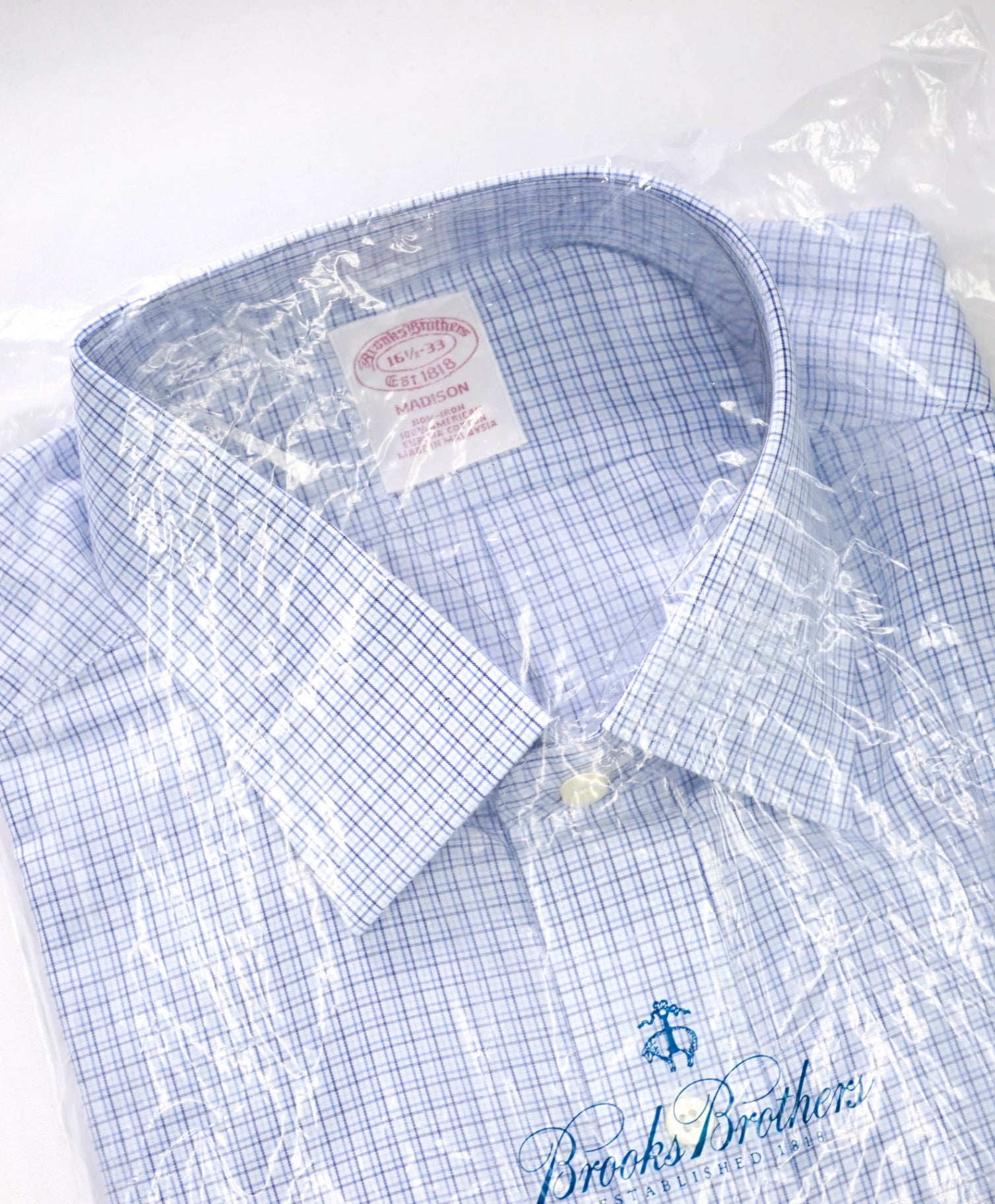 $128 BROOKS BROTHERS - Blue Micro Plaid NON-IRON MADISON Shirt - 16.5 - 33