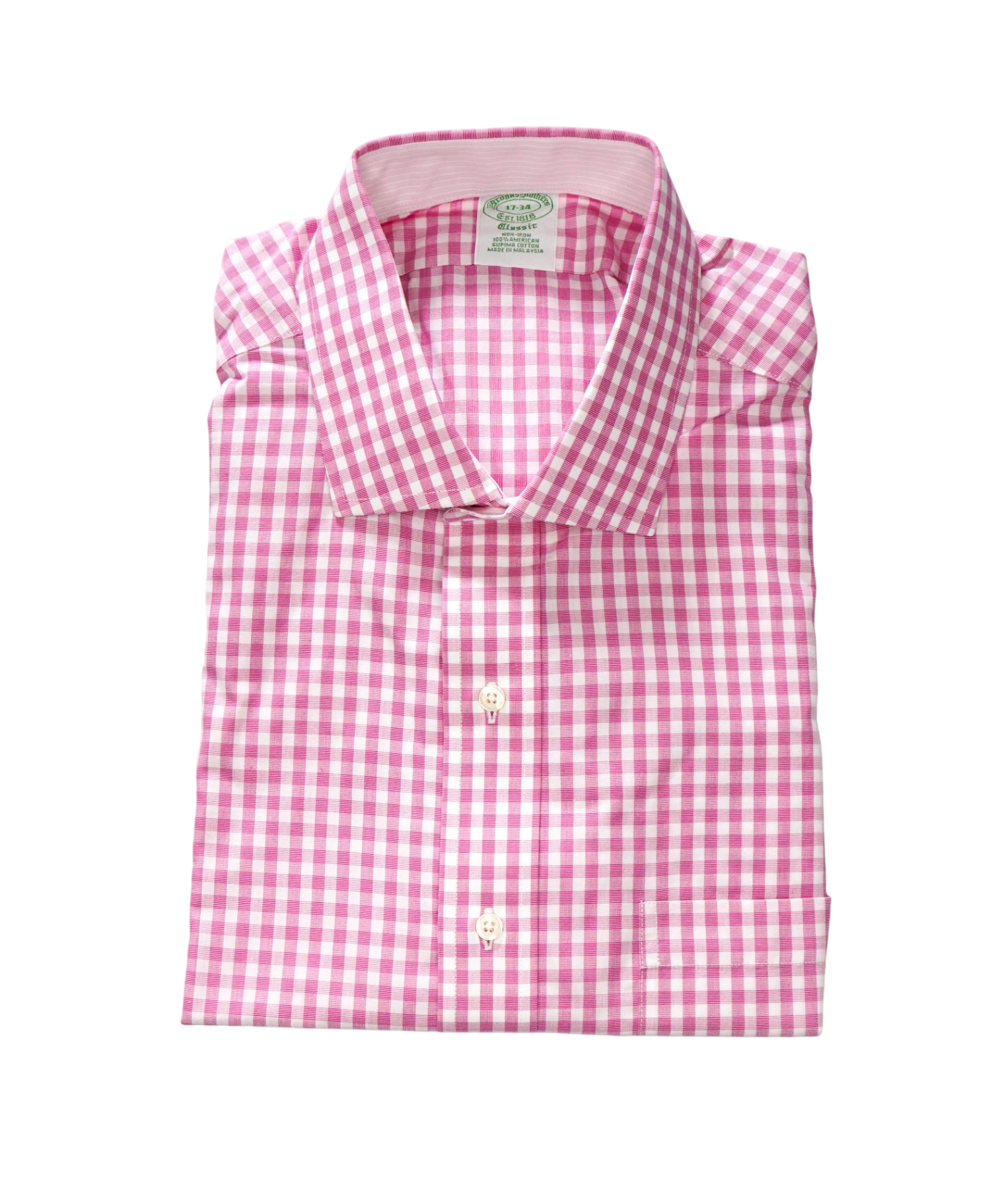 $128 BROOKS BROTHERS - Pink Gingham NON-IRON CLASSIC Shirt - 17 - 34