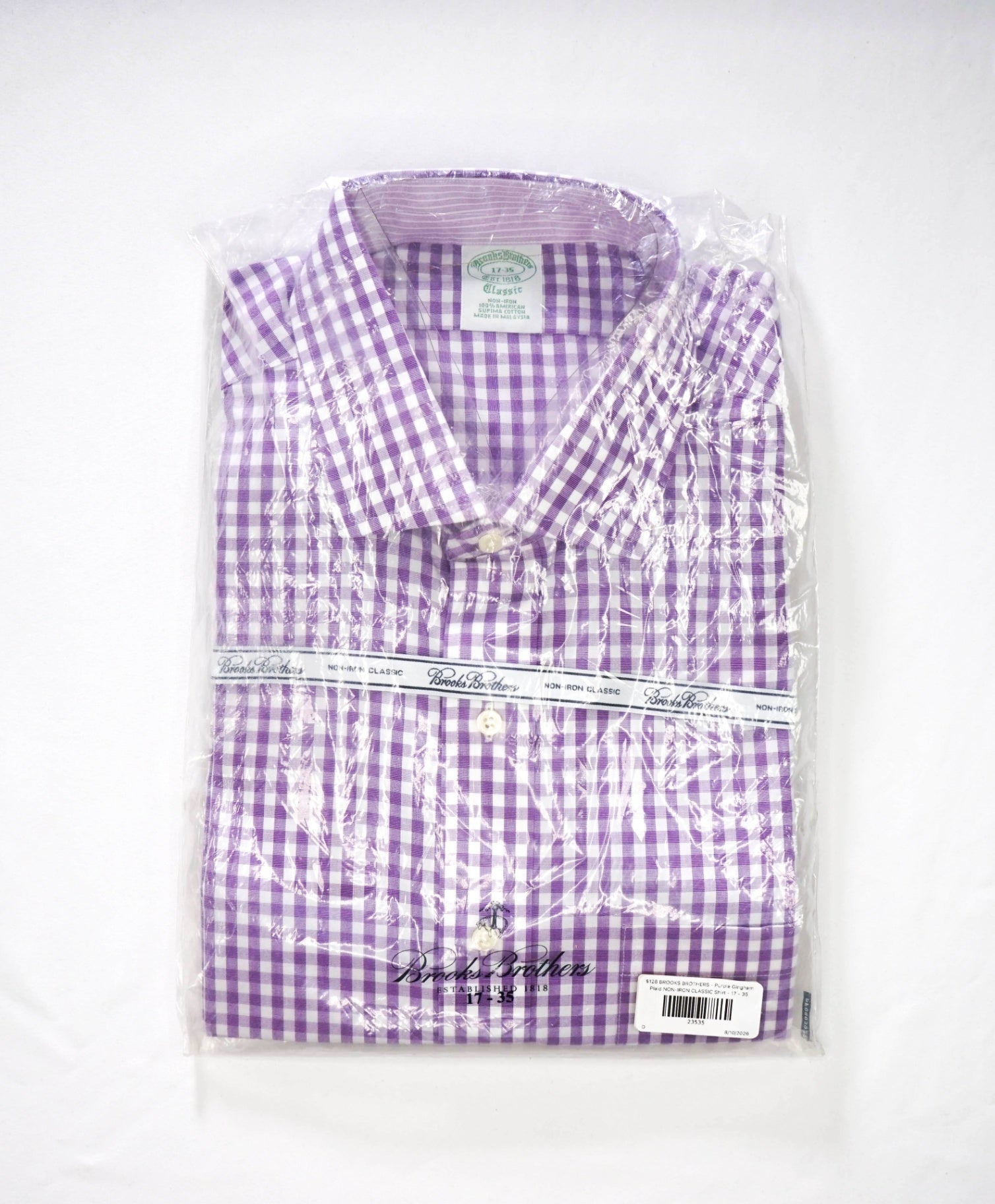 $128 BROOKS BROTHERS - Purple Gingham NON-IRON CLASSIC Shirt - 17 - 35