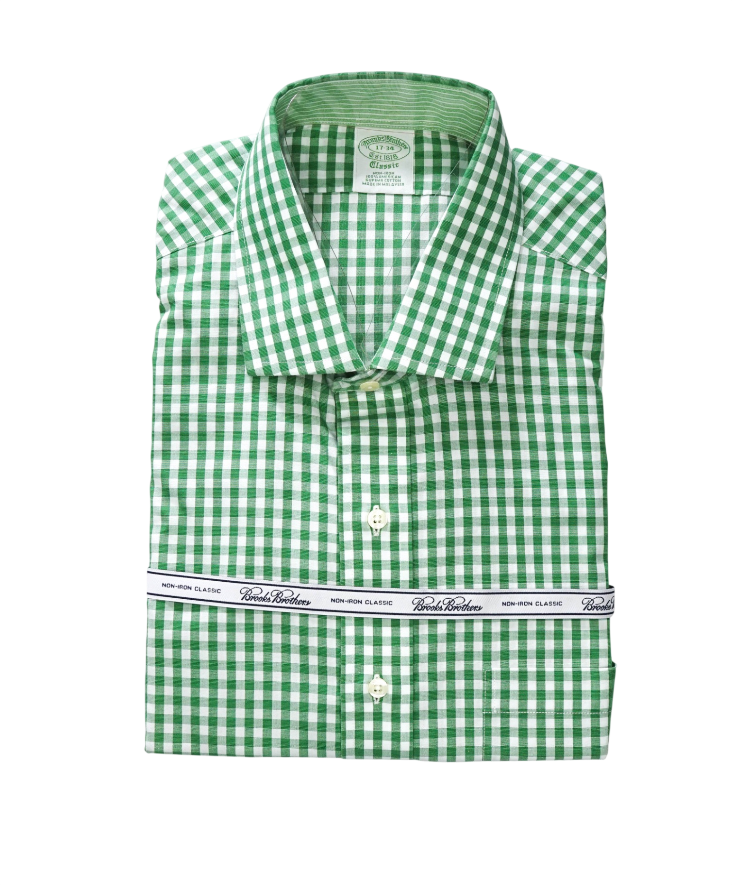 $128 BROOKS BROTHERS - Green Gingham NON-IRON CLASSIC Shirt - 17 - 34