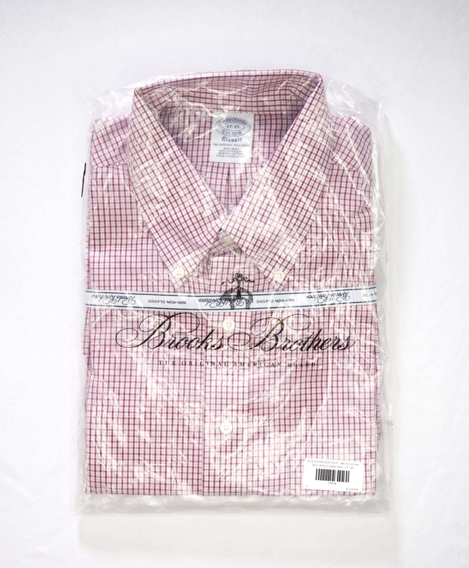 $128 BROOKS BROTHERS - Red Micro Plaid NON-IRON CLASSIC Shirt - 17 - 35