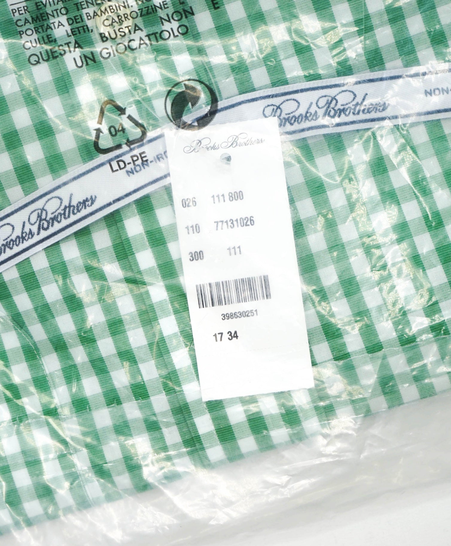 $128 BROOKS BROTHERS - Green Gingham NON-IRON CLASSIC Shirt - 17 - 34