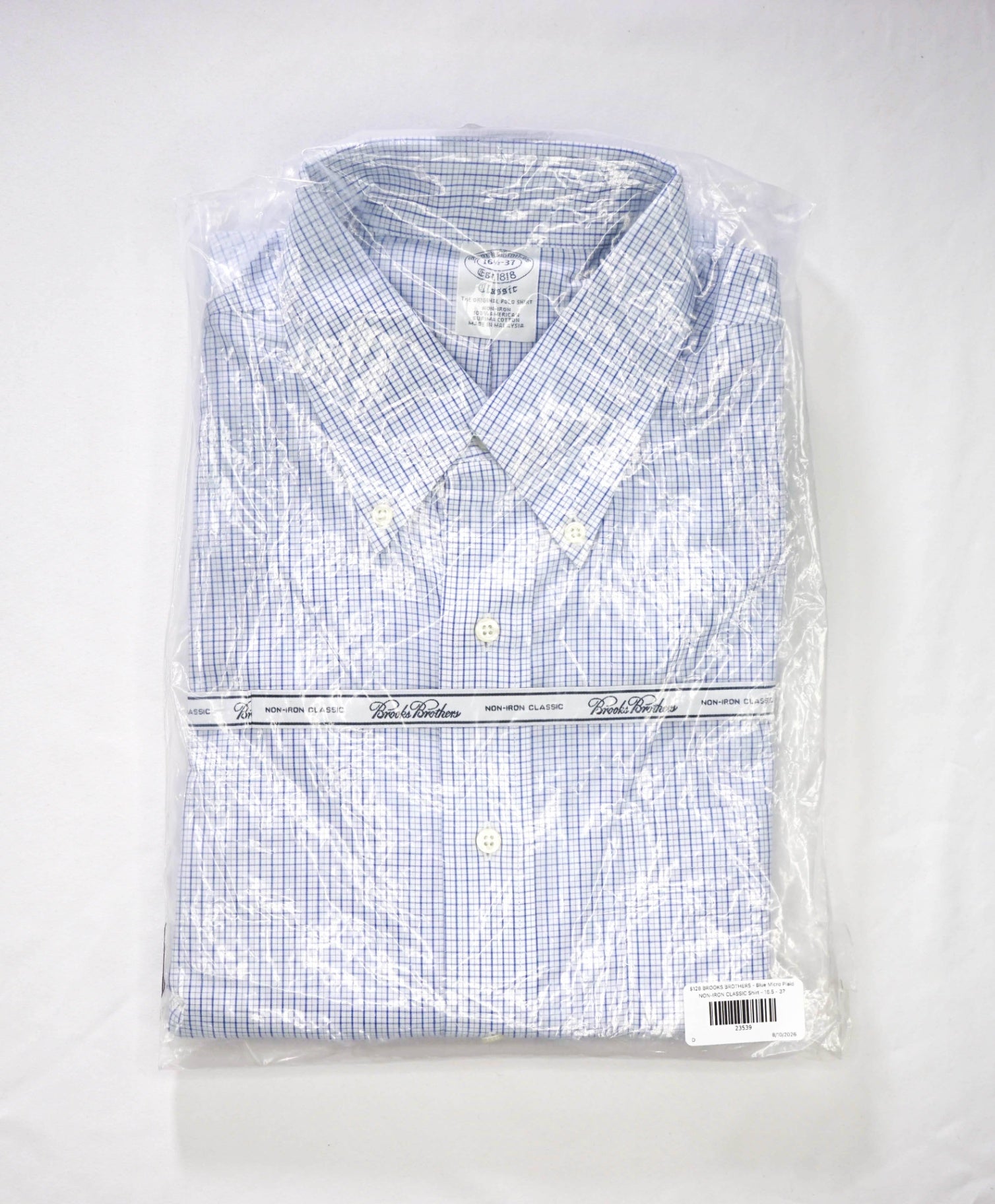 $128 BROOKS BROTHERS - Blue Micro Plaid NON-IRON CLASSIC Shirt - 16.5 - 37
