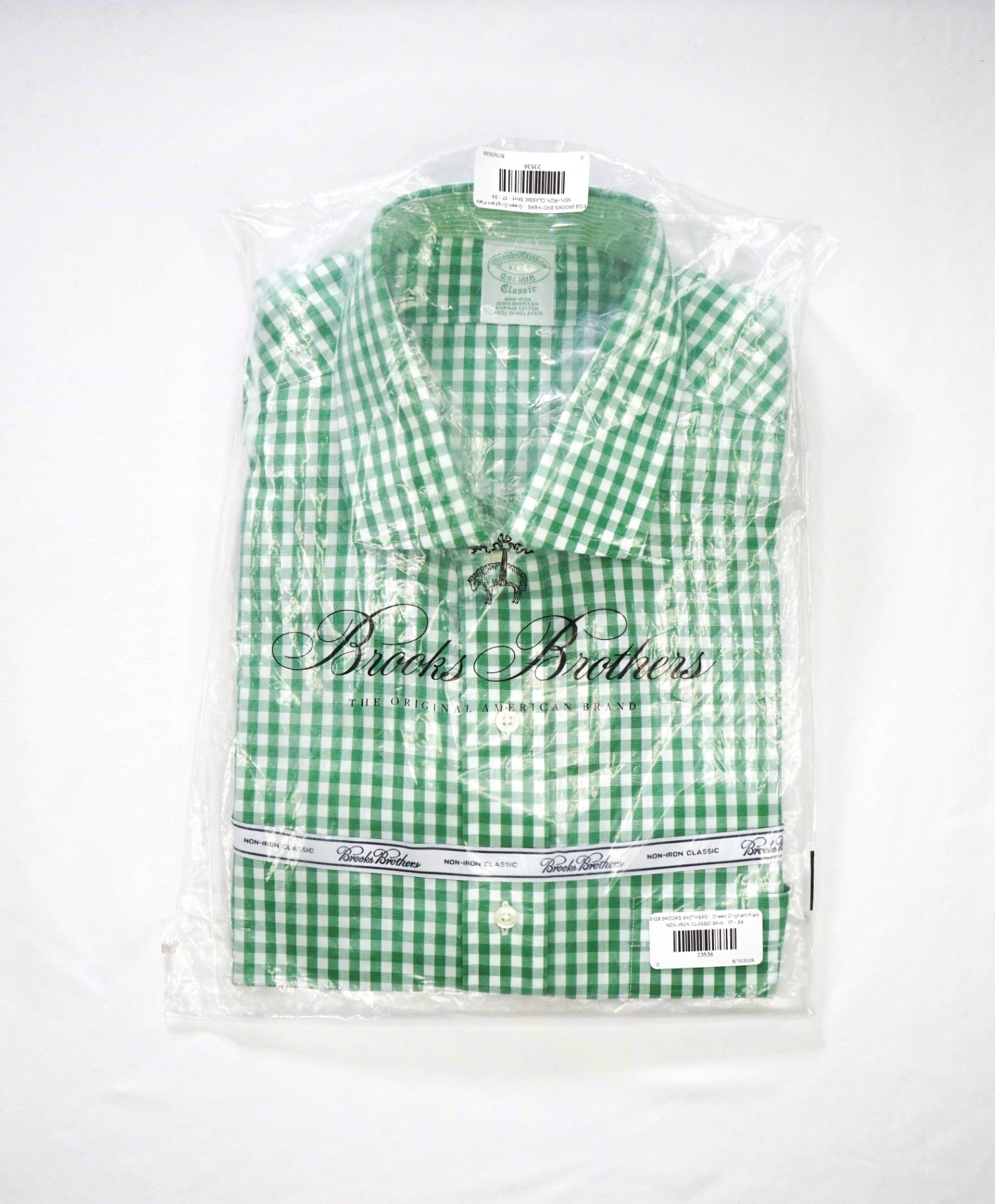$128 BROOKS BROTHERS - Green Gingham NON-IRON CLASSIC Shirt - 17 - 34