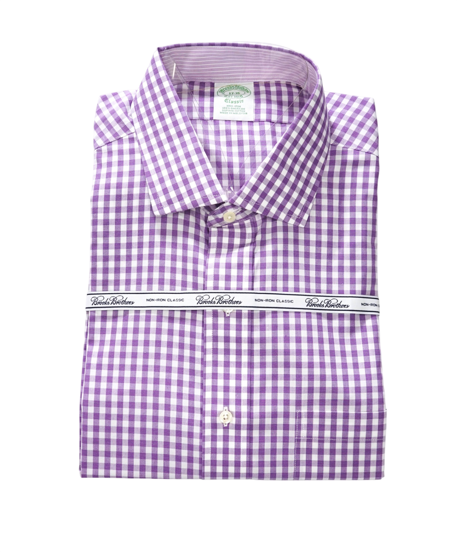 $128 BROOKS BROTHERS - Purple Gingham NON-IRON CLASSIC Shirt - 17 - 35