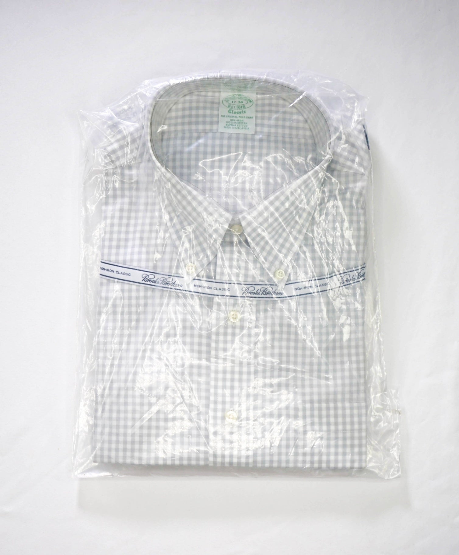$128 BROOKS BROTHERS - Light Gray Gingham NON-IRON CLASSIC Shirt - 17 - 34
