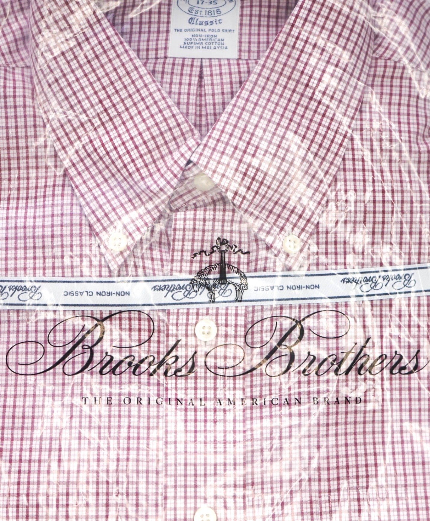 $128 BROOKS BROTHERS - Red Micro Plaid NON-IRON CLASSIC Shirt - 17 - 35