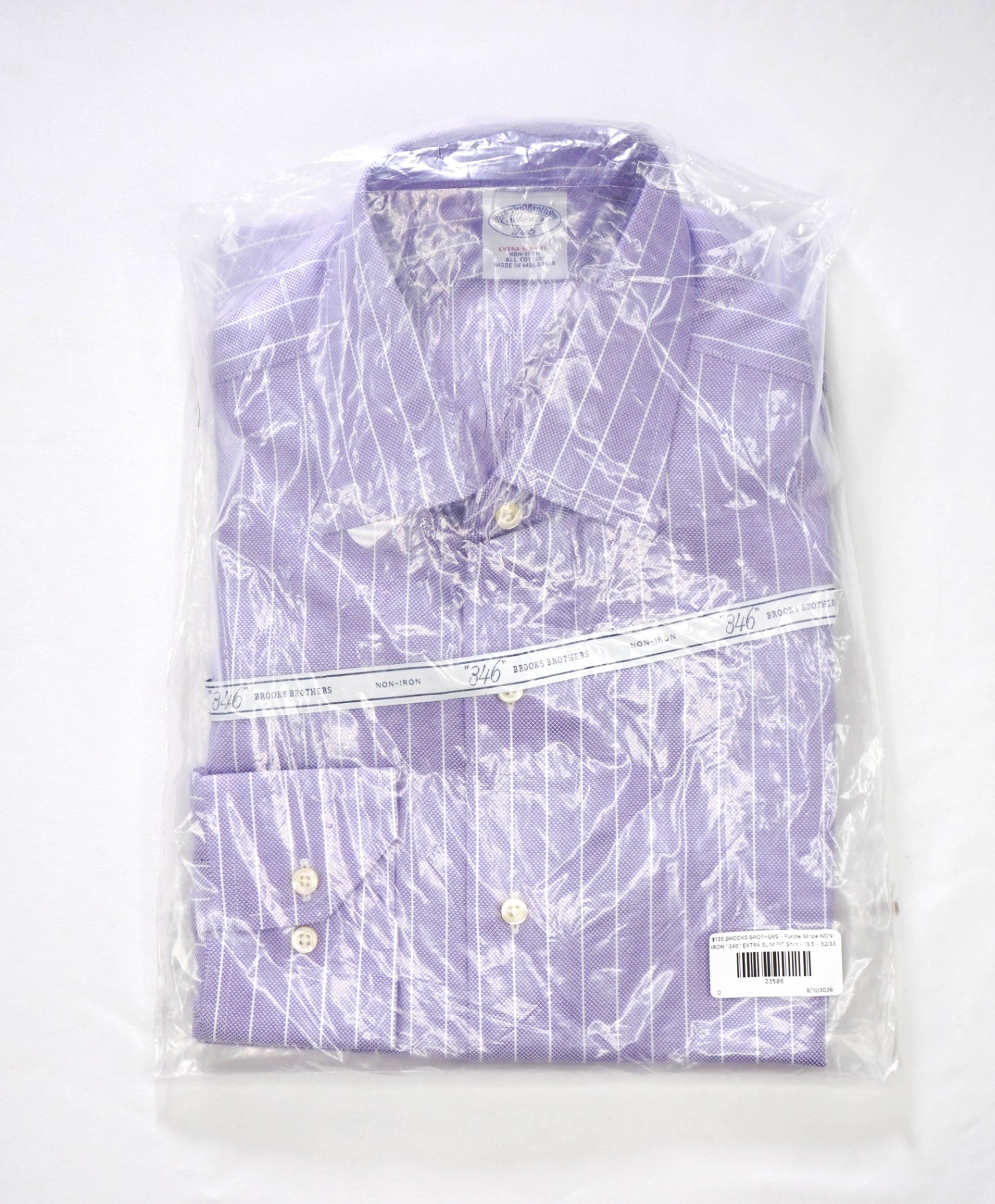 $128 BROOKS BROTHERS - Purple Stripe NON-IRON "346" EXTRA SLIM FIT Shirt - 15.5 - 32/33