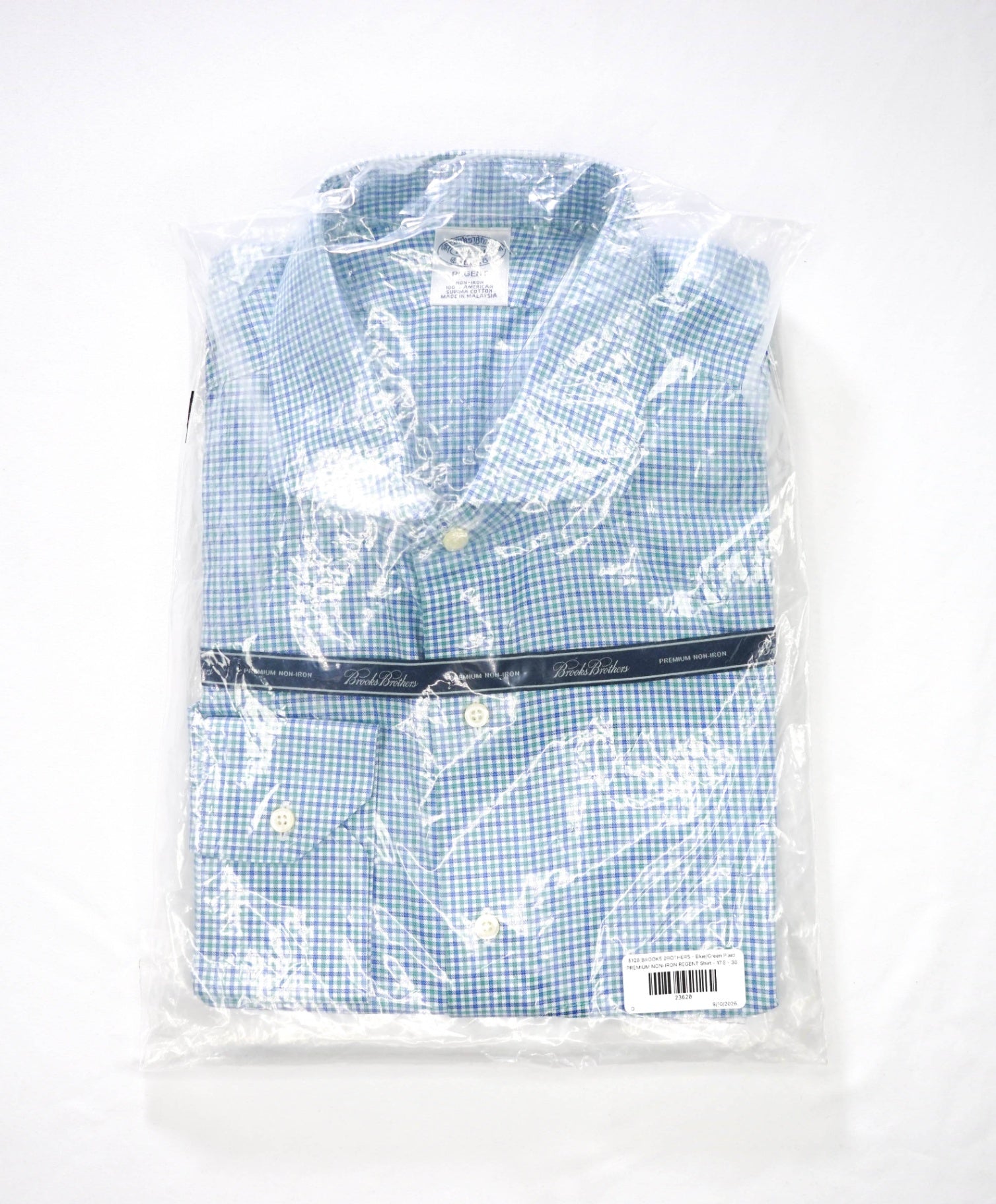 $128 BROOKS BROTHERS - Blue/Green Plaid PREMIUM NON-IRON REGENT Shirt - 17.5 - 36