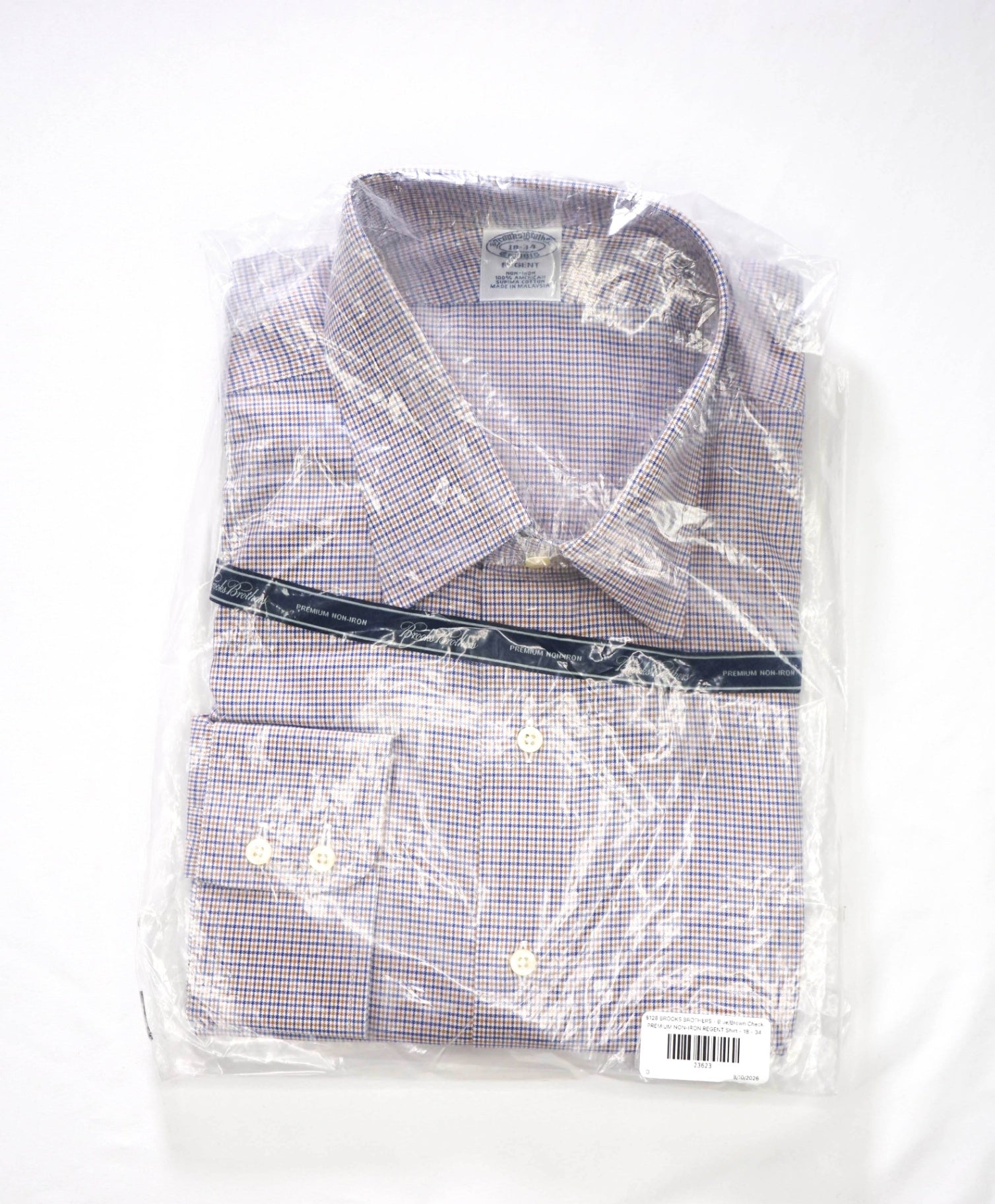$128 BROOKS BROTHERS - Blue/Brown Check PREMIUM NON-IRON REGENT Shirt - 18 - 34
