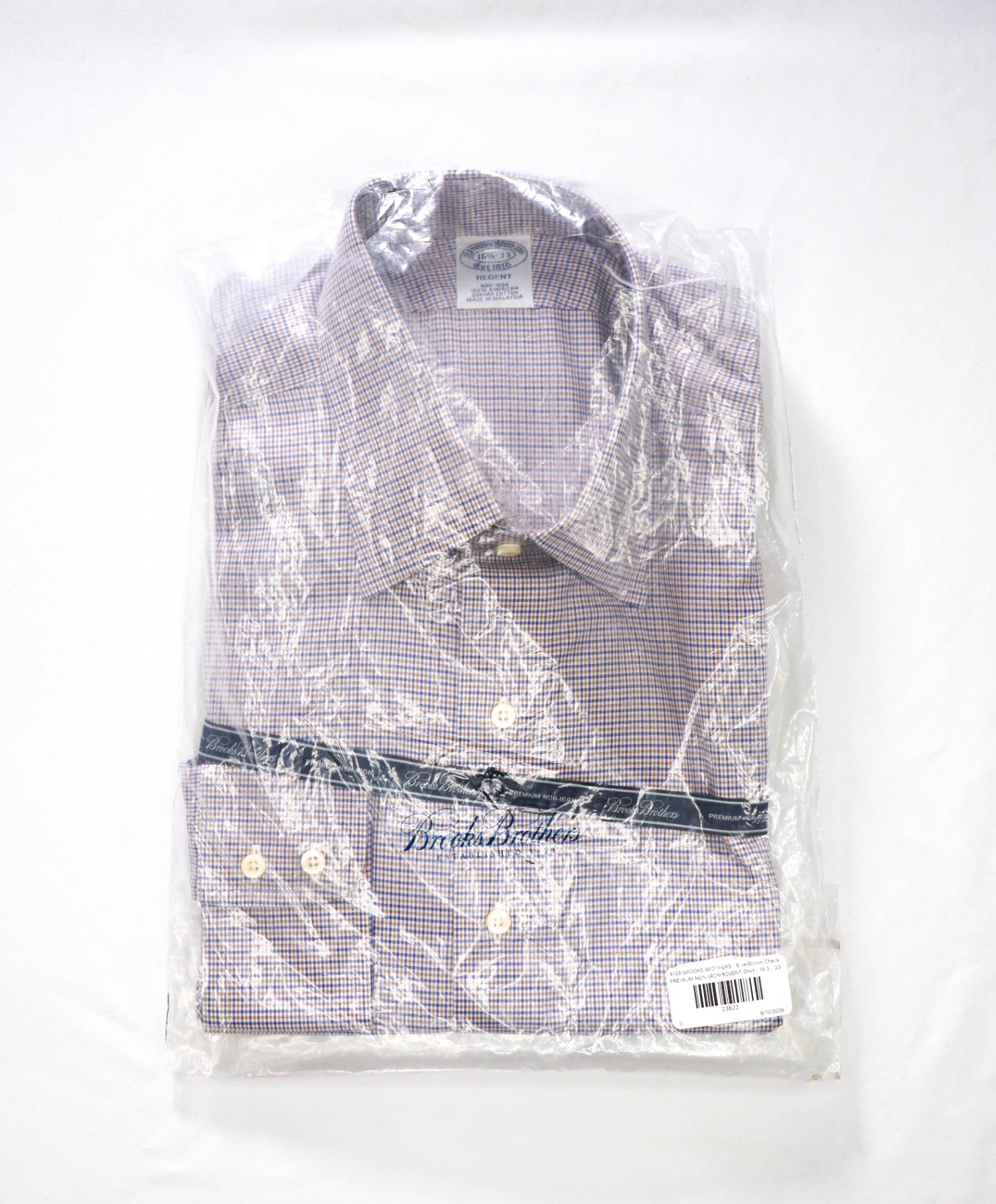 $128 BROOKS BROTHERS - Blue/Brown Check PREMIUM NON-IRON REGENT Shirt - 16.5 - 33