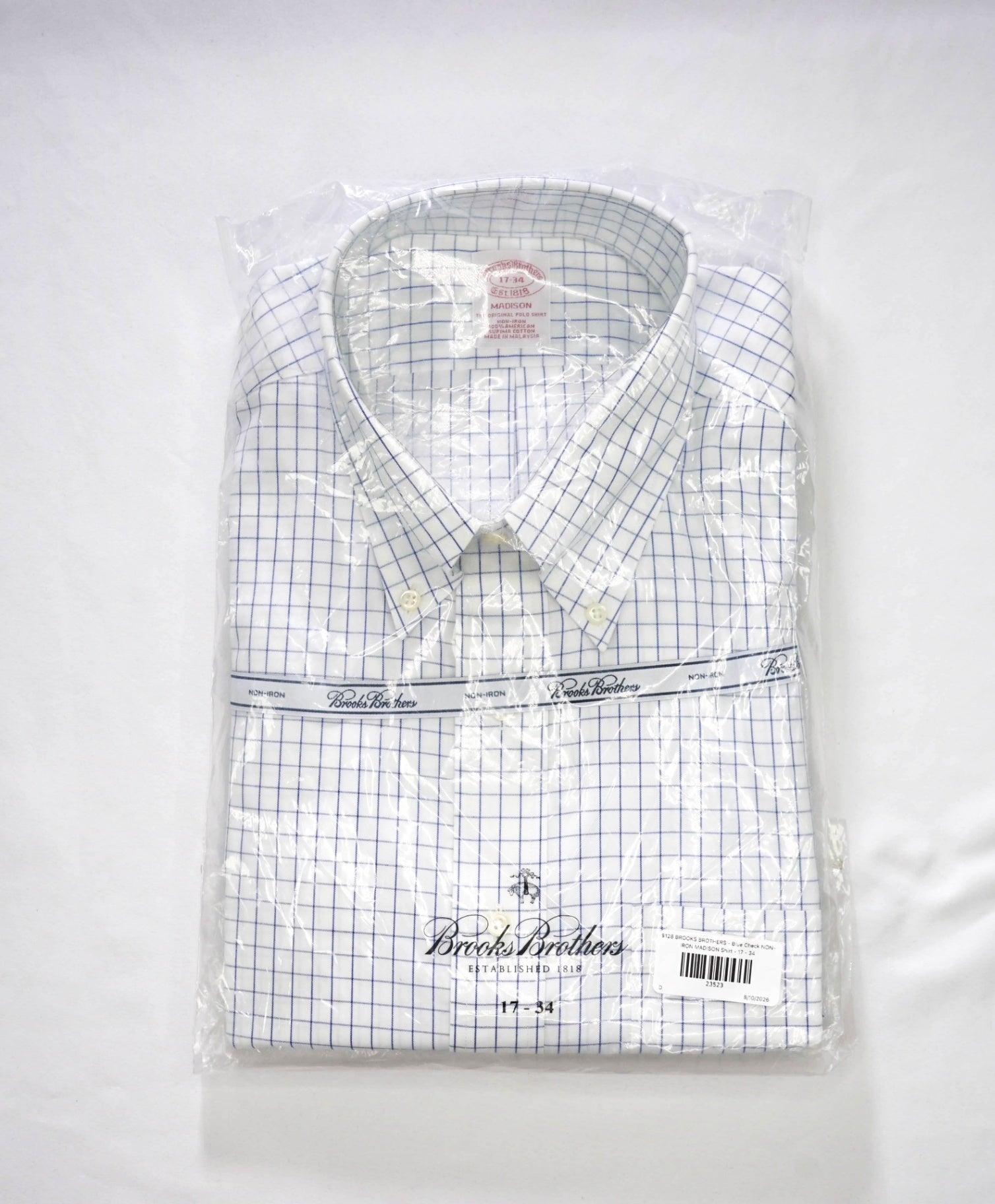 $128 BROOKS BROTHERS - Blue Check NON-IRON MADISON Shirt - 17 - 34