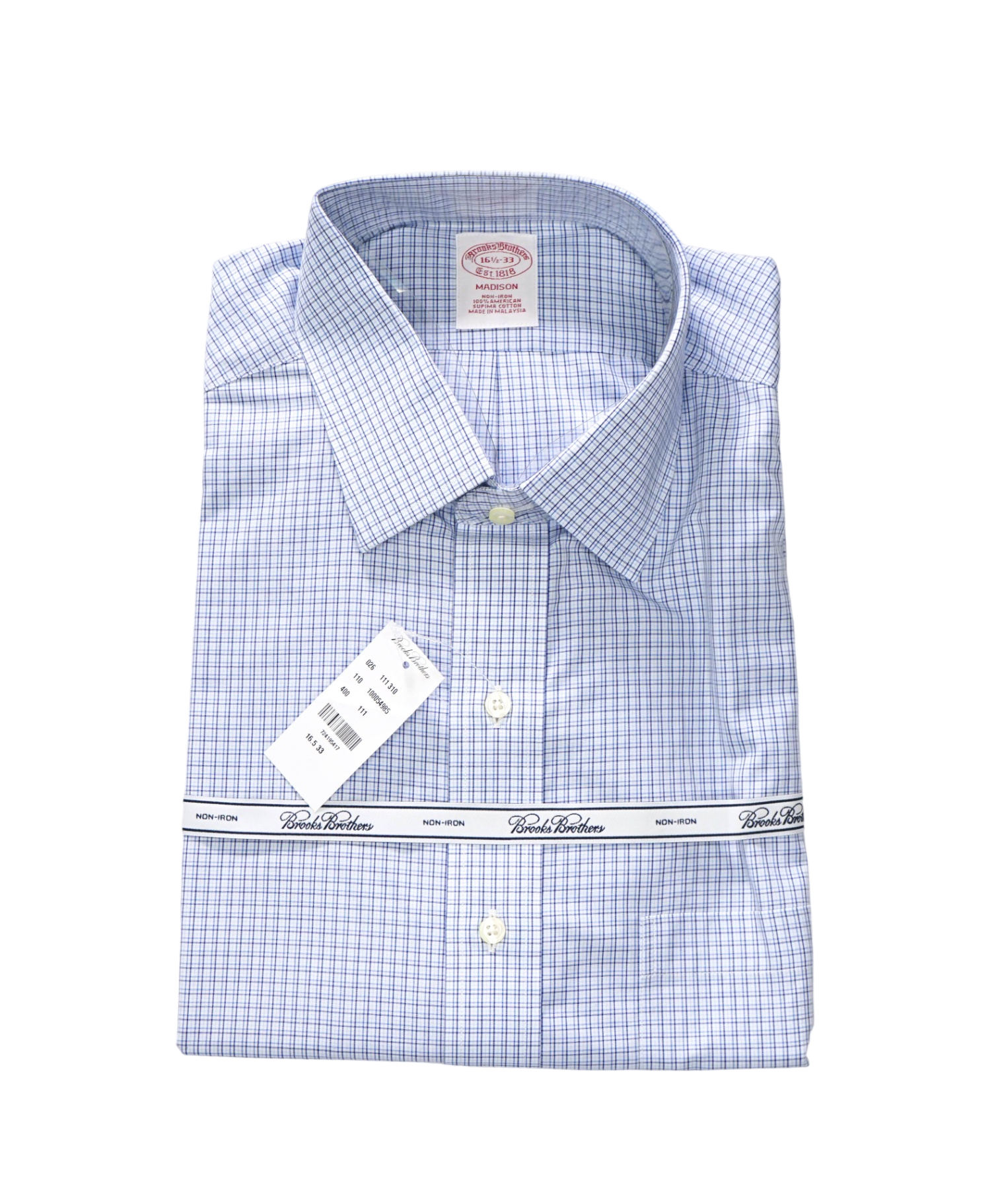$128 BROOKS BROTHERS - Blue Micro Plaid NON-IRON MADISON Shirt - 16.5 - 33