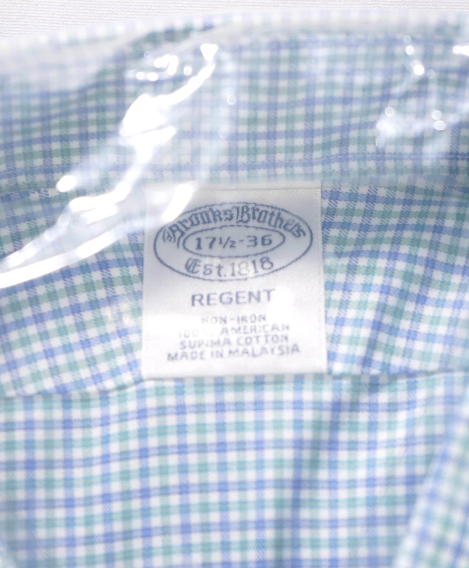 $128 BROOKS BROTHERS - Blue/Green Plaid PREMIUM NON-IRON REGENT Shirt - 17.5 - 36