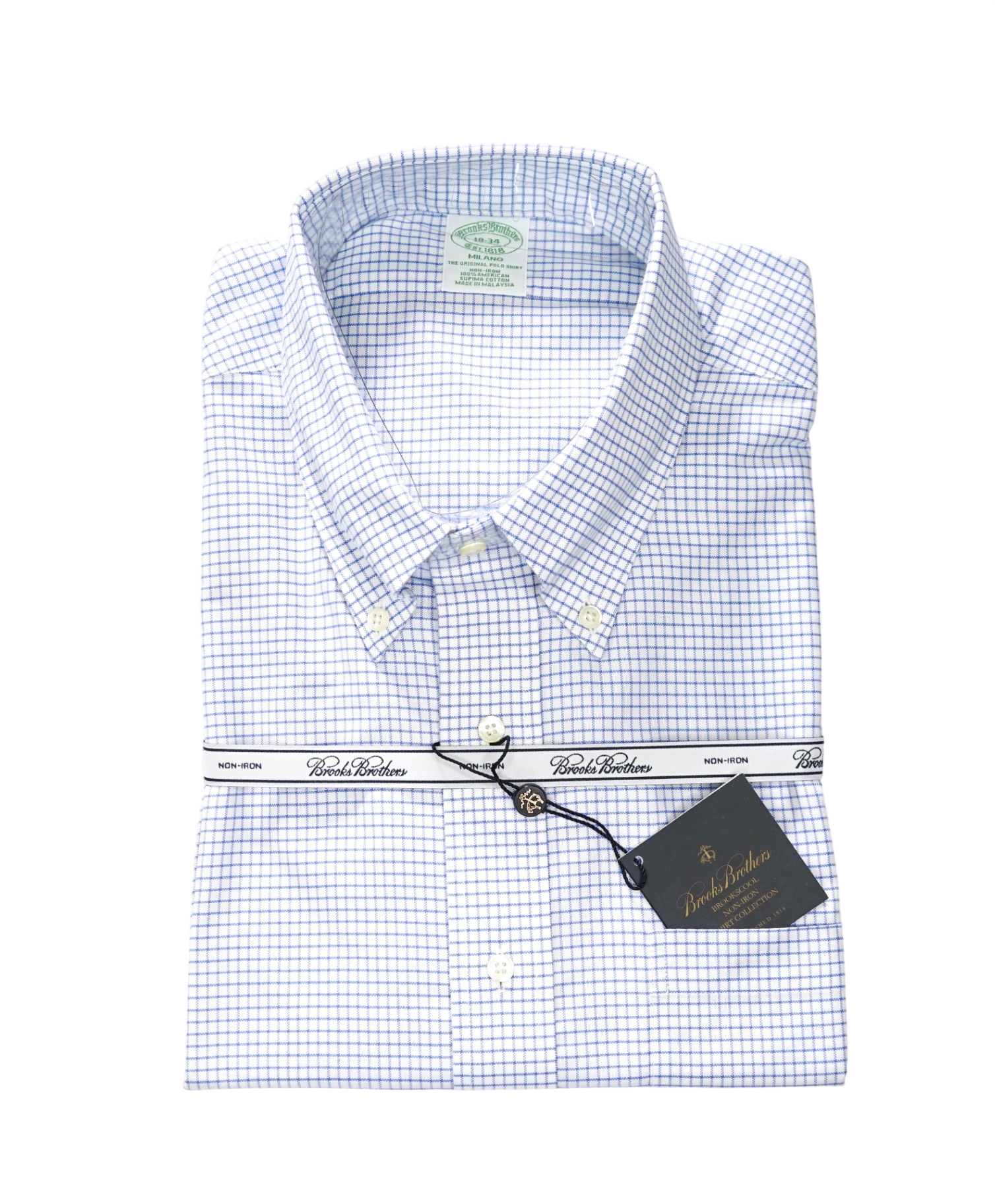 $128 BROOKS BROTHERS - Blue Plaid NON-IRON MILANO Shirt - 18 - 34