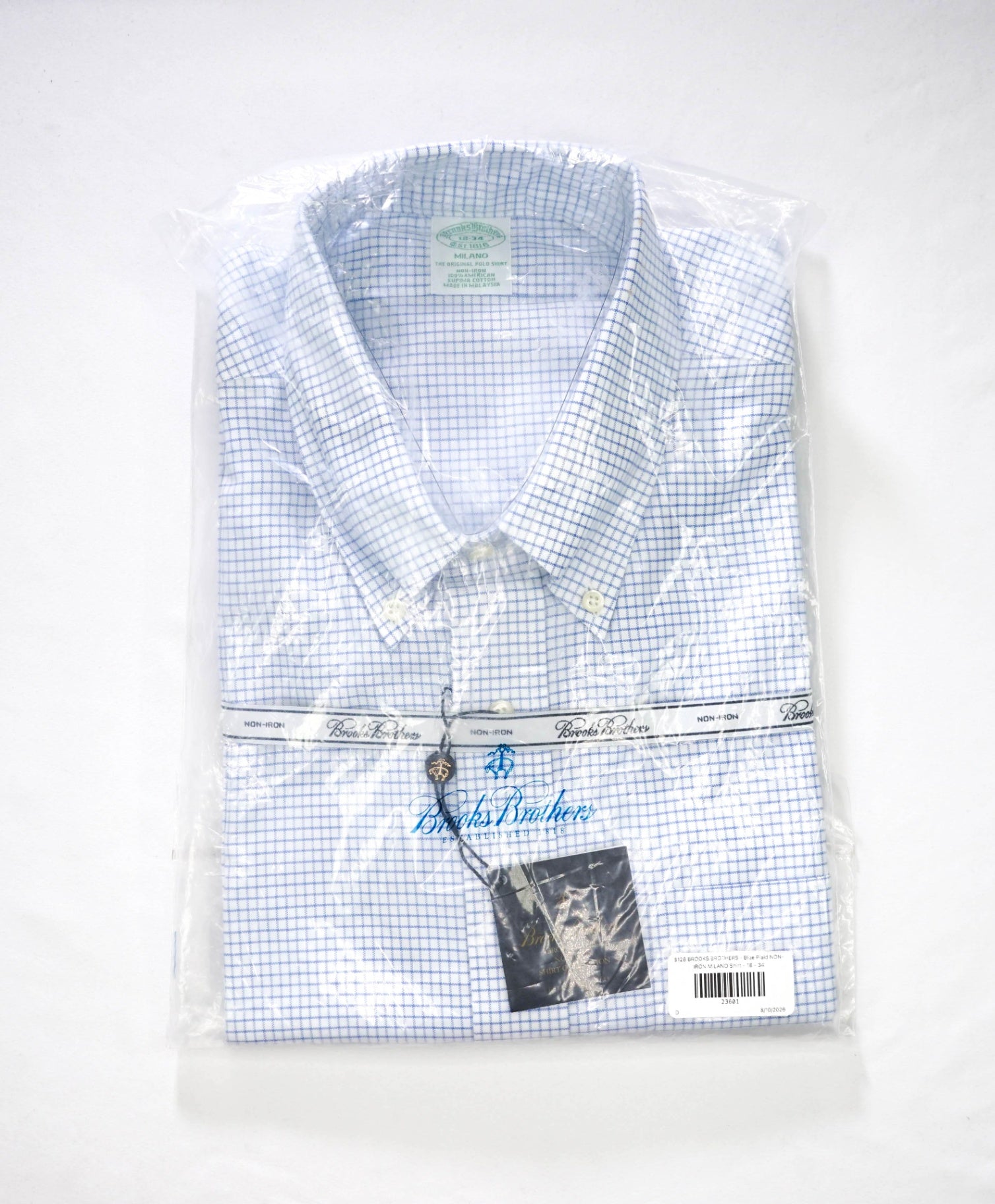$128 BROOKS BROTHERS - Blue Plaid NON-IRON MILANO Shirt - 18 - 34