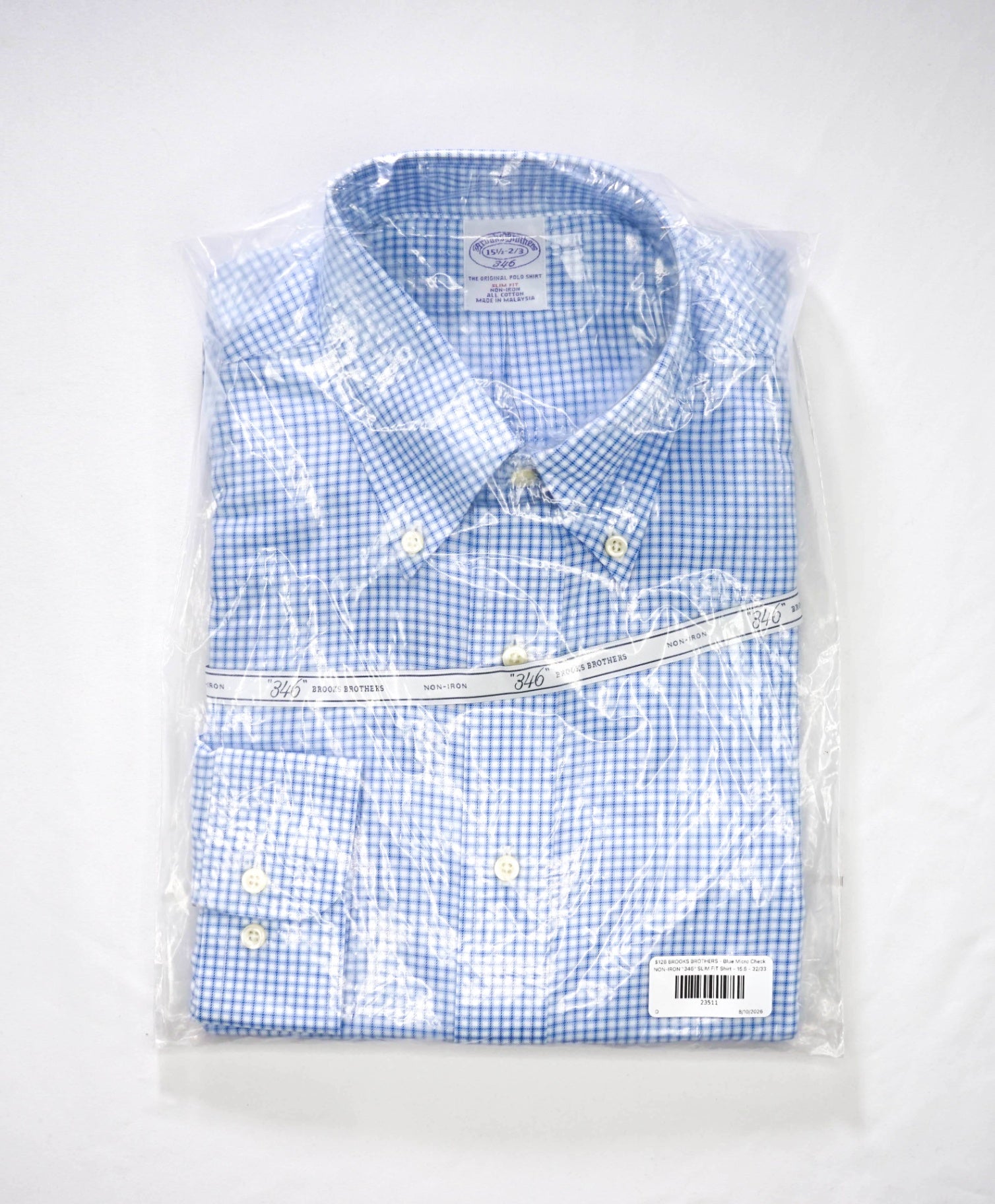 $128 BROOKS BROTHERS - Blue Micro Check NON-IRON "346" SLIM FIT Shirt - 15.5 - 32/33