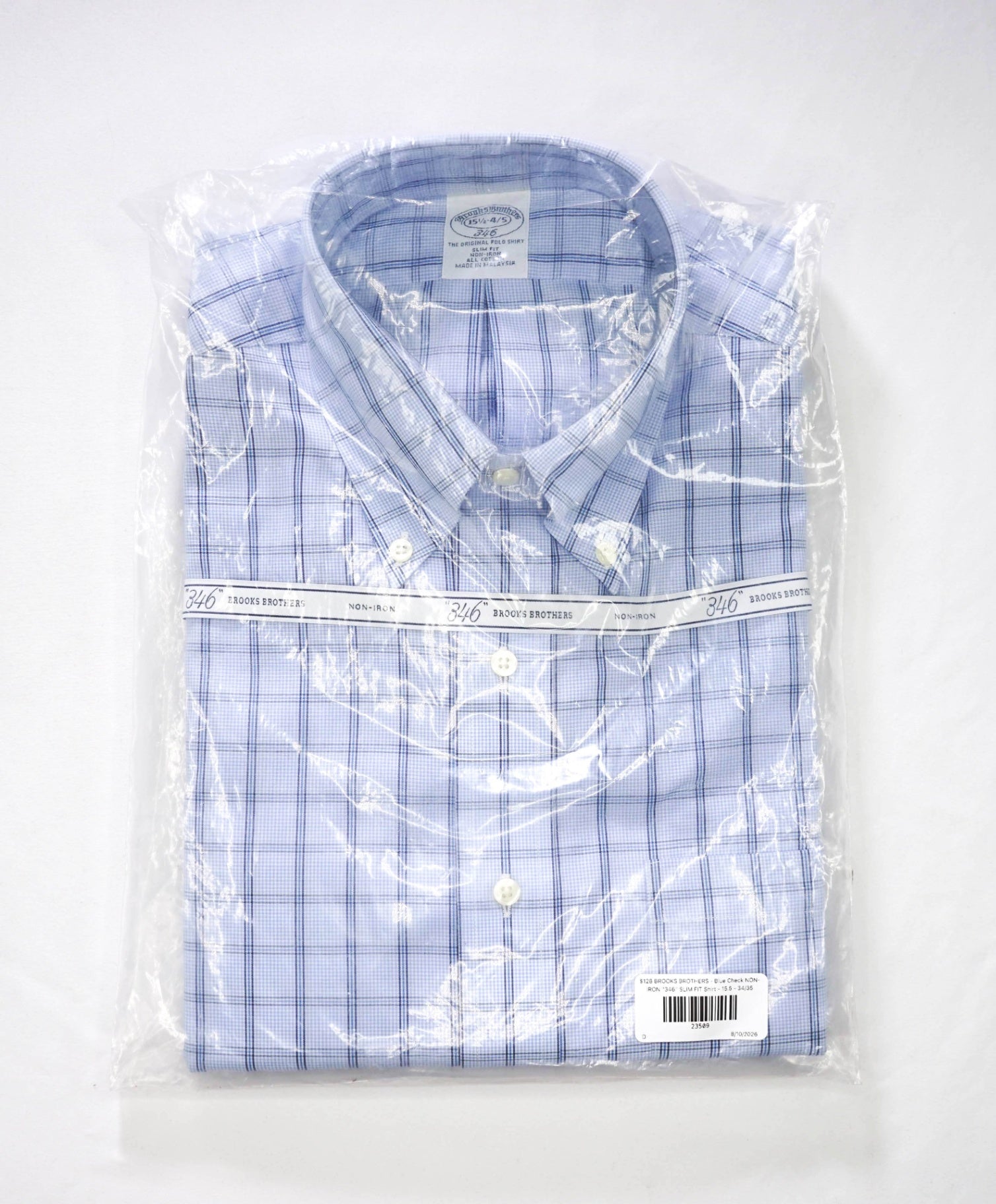 $128 BROOKS BROTHERS - Blue Check NON-IRON "346" SLIM FIT Shirt - 15.5 - 34/35