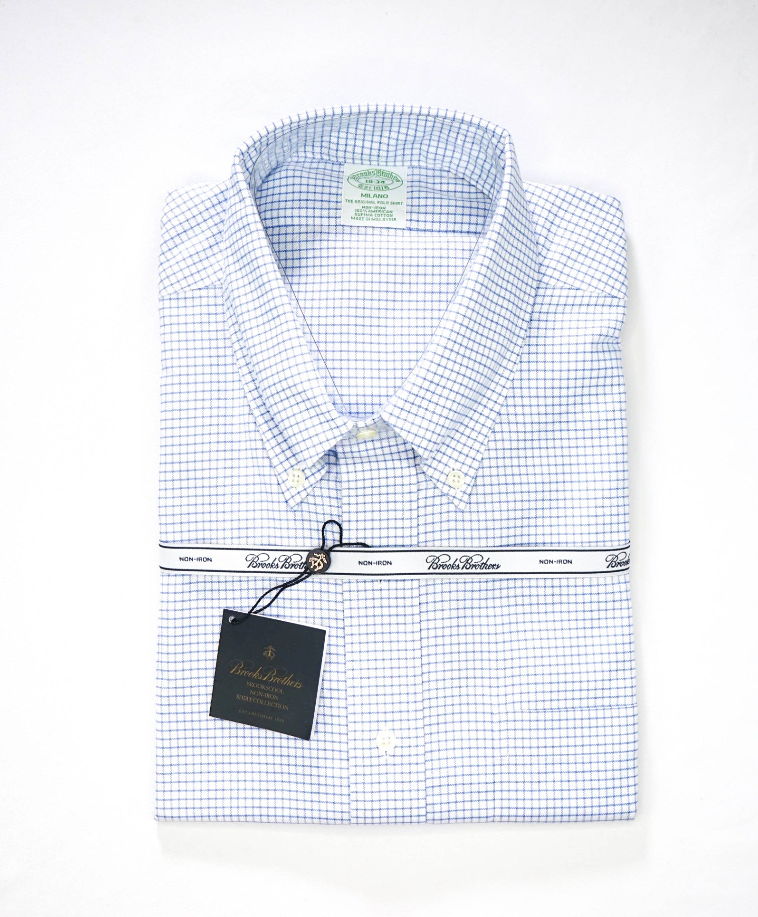 $128 BROOKS BROTHERS - Blue Plaid NON-IRON MILANO Shirt - 18 - 34