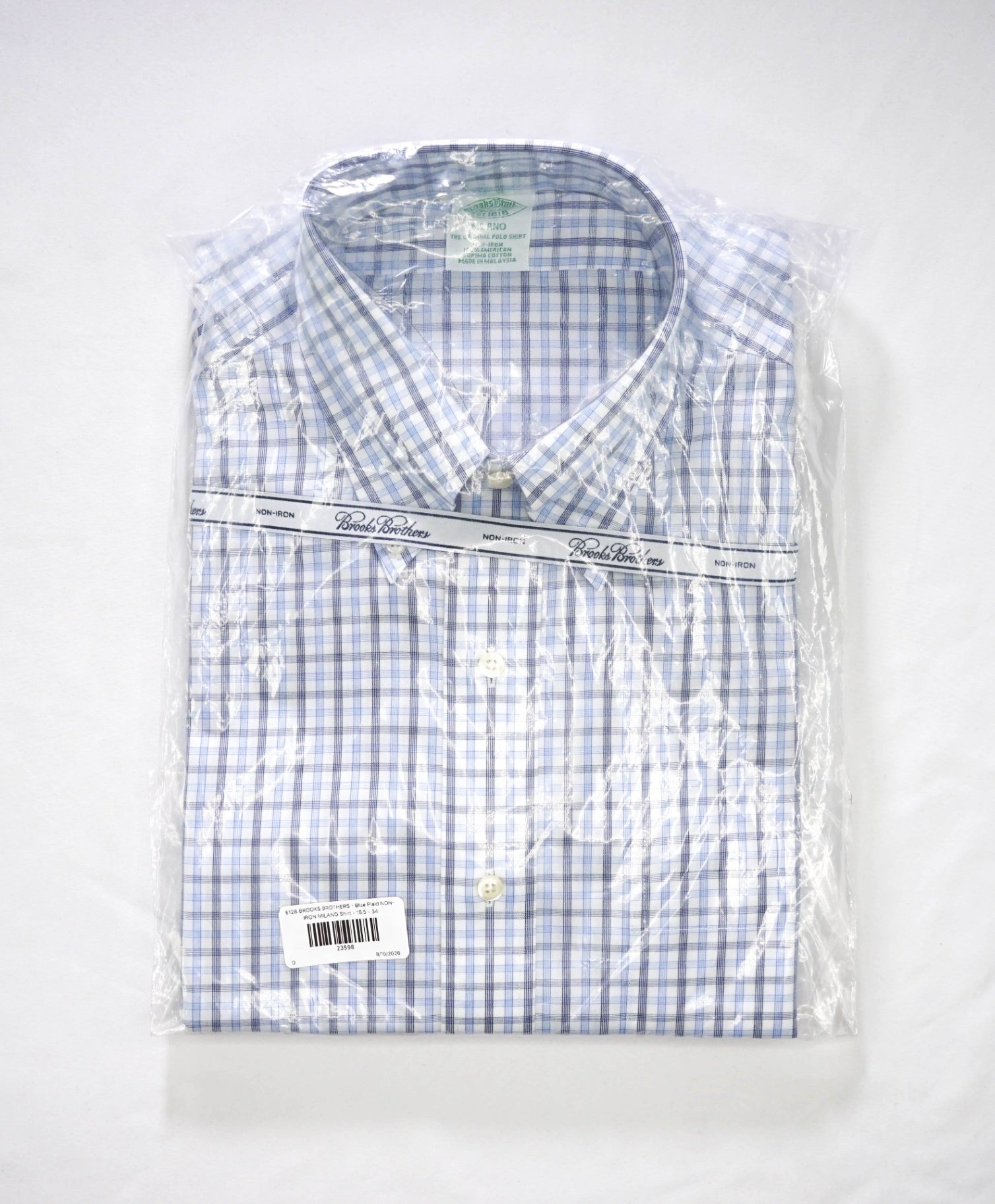 $128 BROOKS BROTHERS - Blue Plaid NON-IRON MILANO Shirt - 15.5 - 34