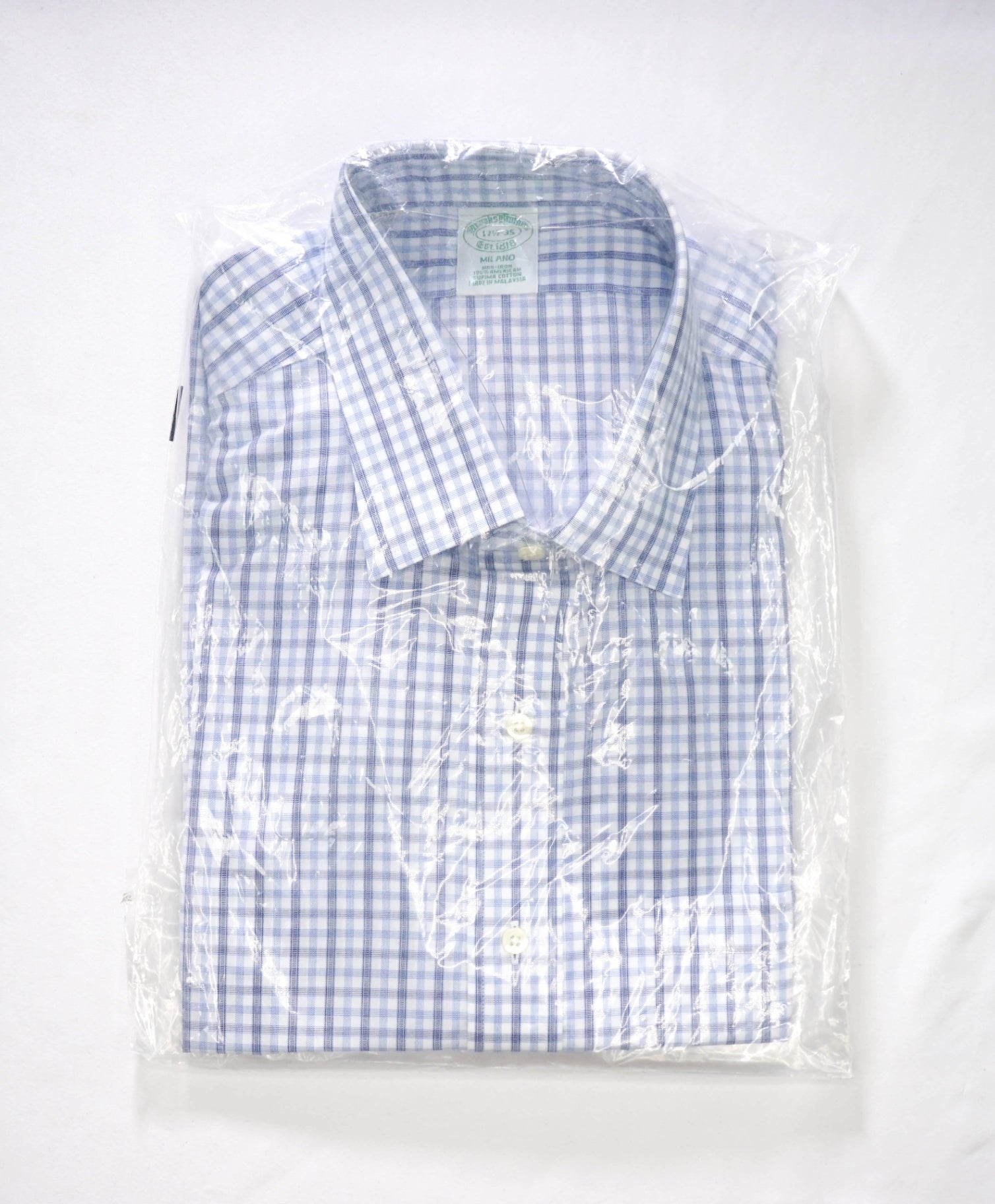 $128 BROOKS BROTHERS - Blue Plaid NON-IRON MILANO Shirt - 17.5 - 35