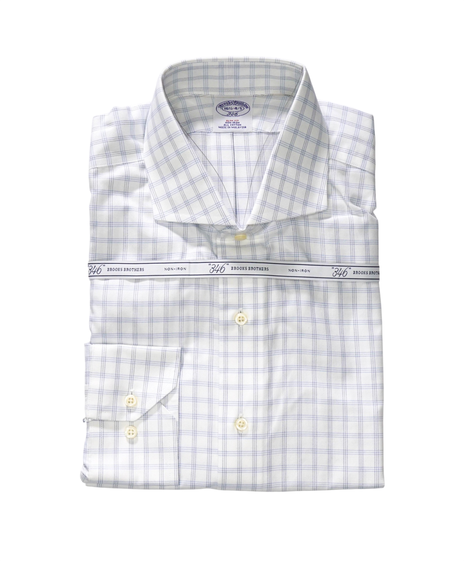 $128 BROOKS BROTHERS - White/Blue Check NON-IRON "346" SLIM FIT Shirt - 16.5 - 34/35