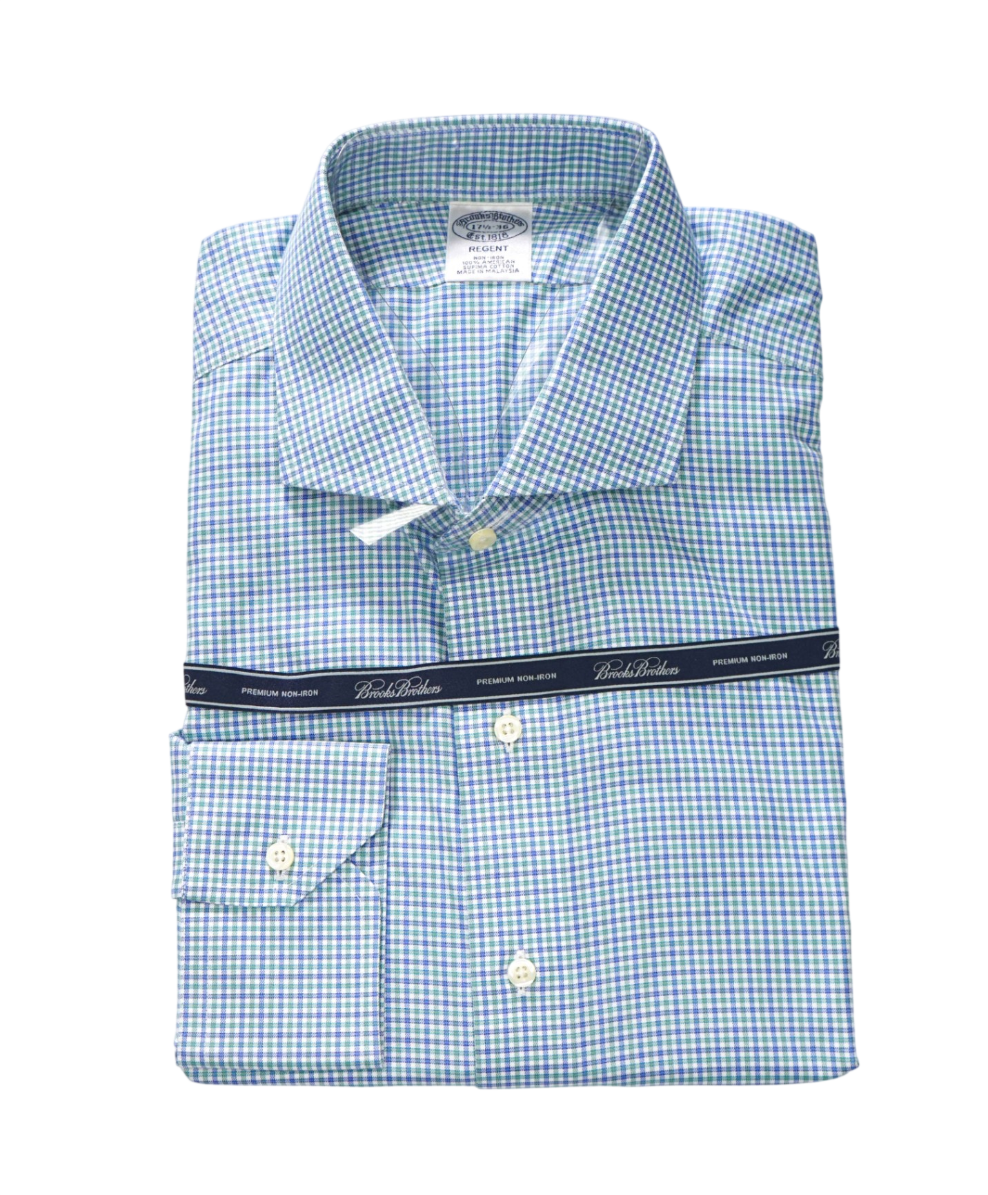 $128 BROOKS BROTHERS - Blue/Green Plaid PREMIUM NON-IRON REGENT Shirt - 17.5 - 36