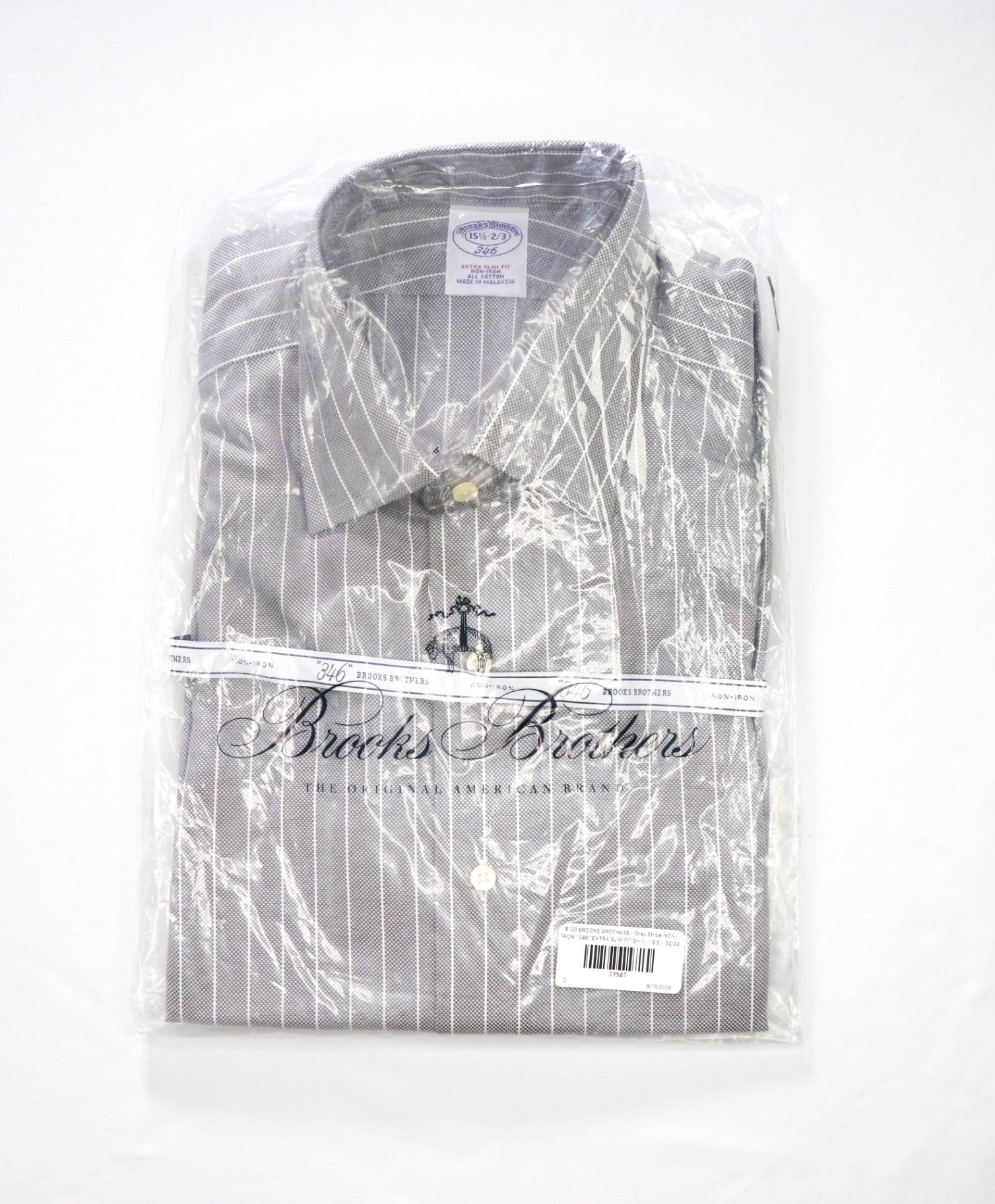 $128 BROOKS BROTHERS - Gray Stripe NON-IRON "346" EXTRA SLIM FIT Shirt - 15.5 - 32/33