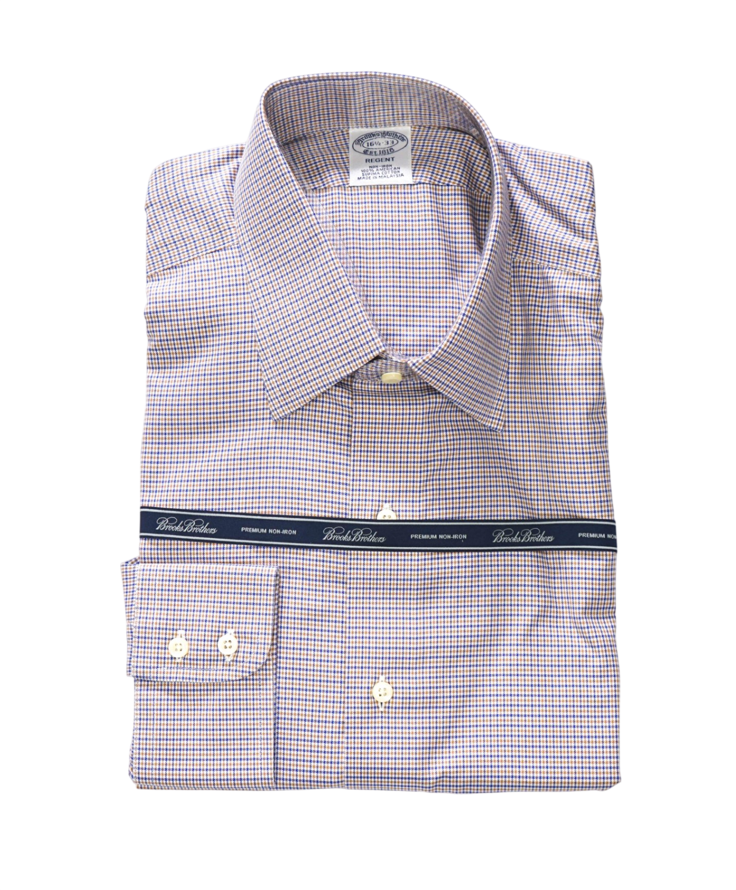 $128 BROOKS BROTHERS - Blue/Brown Check PREMIUM NON-IRON REGENT Shirt - 16.5 - 33