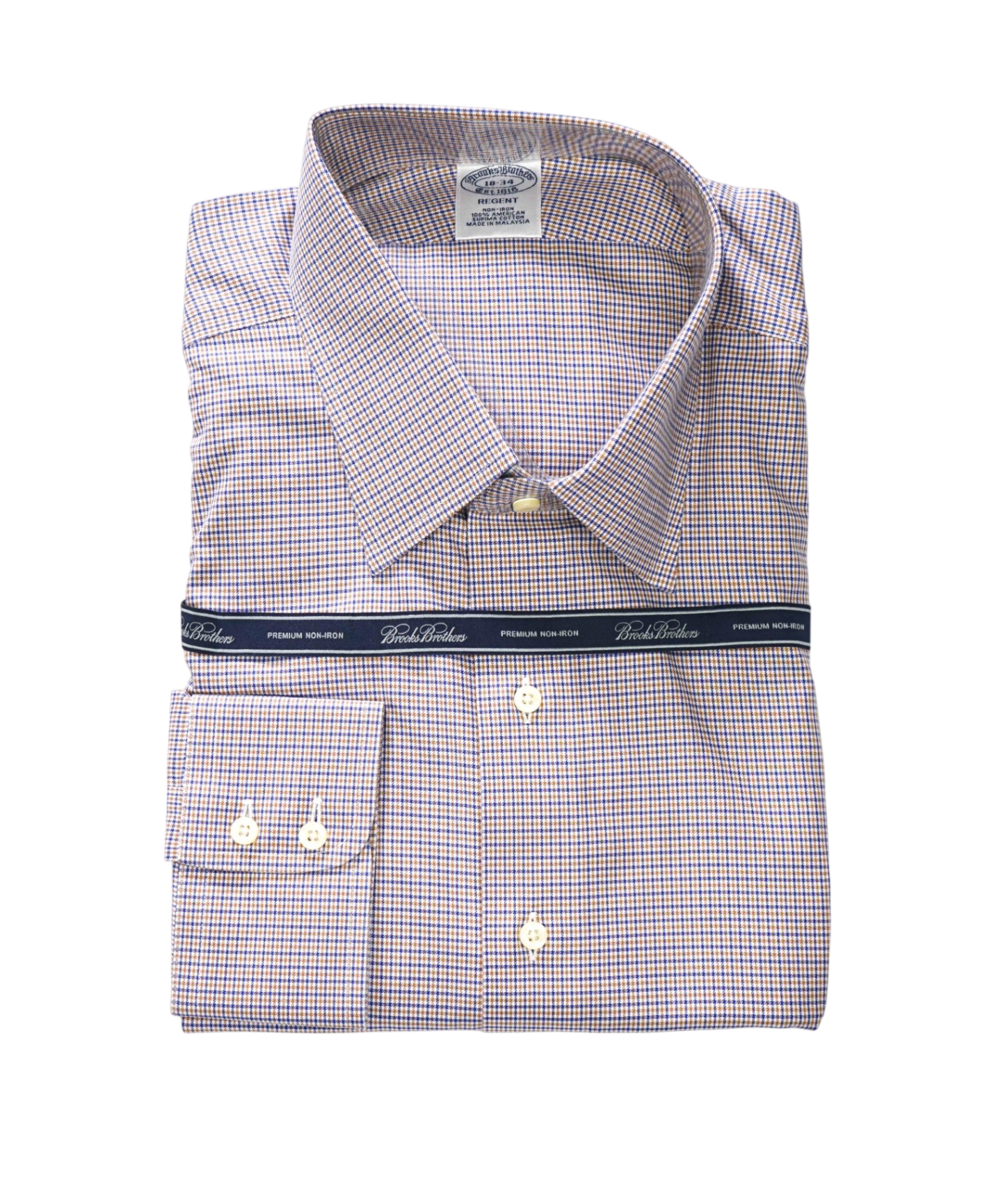 $128 BROOKS BROTHERS - Blue/Brown Check PREMIUM NON-IRON REGENT Shirt - 18 - 34