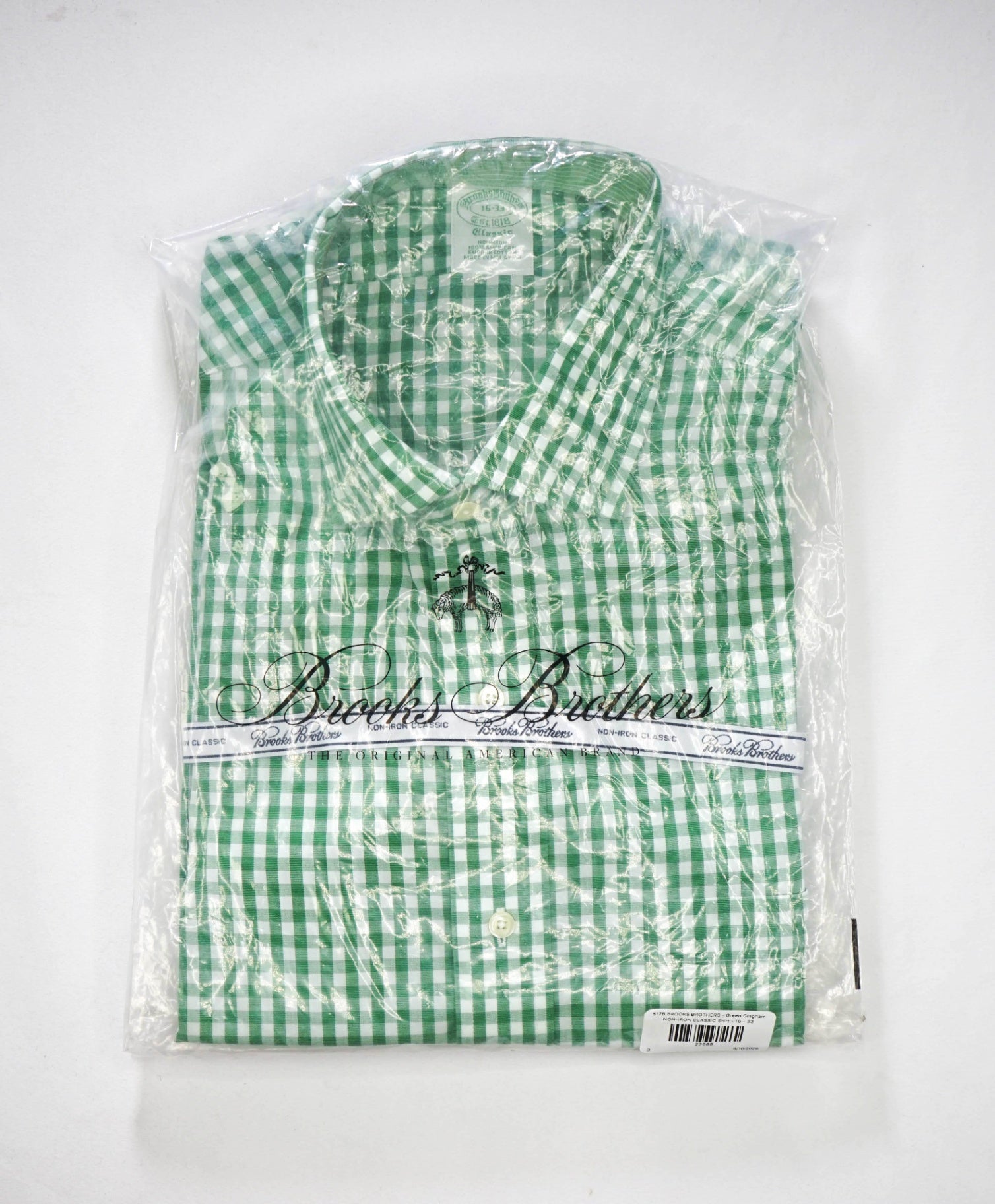 $128 BROOKS BROTHERS - Green Gingham NON-IRON CLASSIC Shirt - 16 - 33